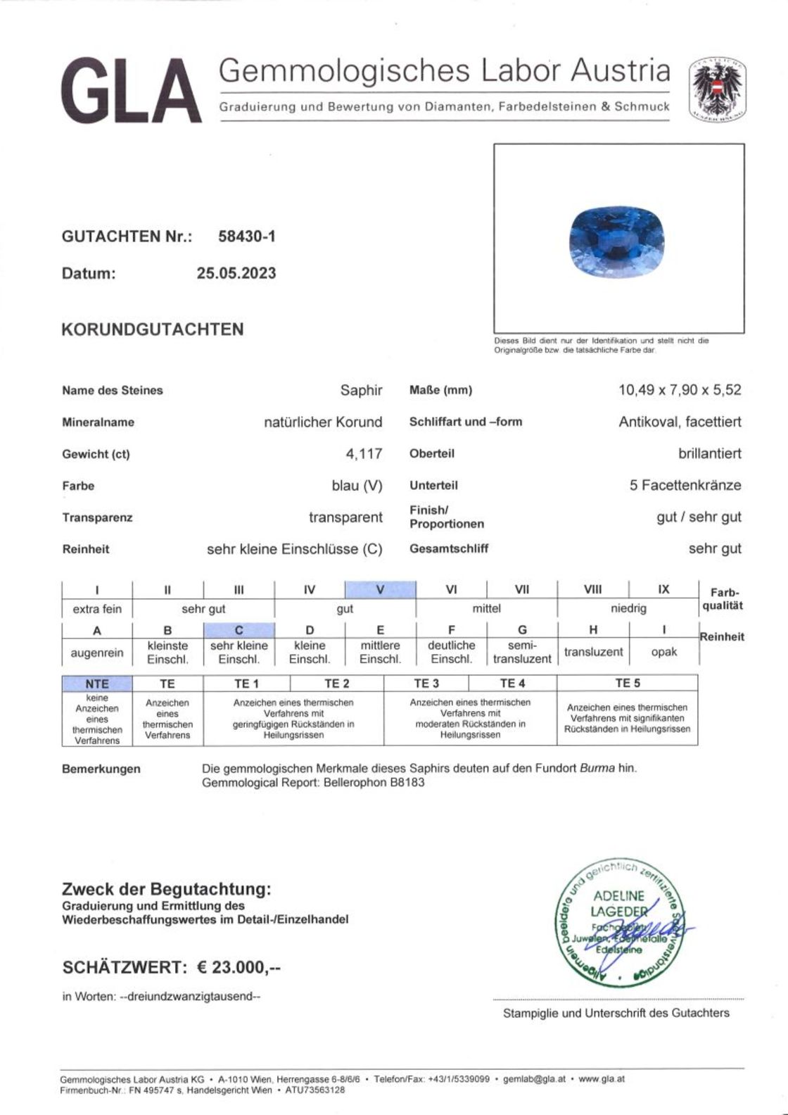 Gutachten zu Sapphire Burma cushion blue unheated 4.11 ct