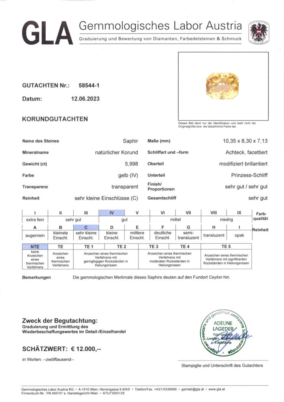 Gutachten zu Saphir octagon-princess gelb ungebrannt 5,99 ct.