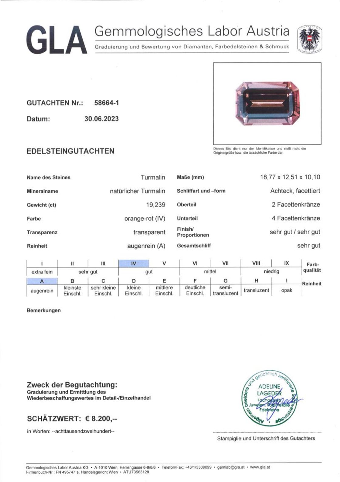 Turmalin Achteckschliff orange-rosarot 19,239 ct