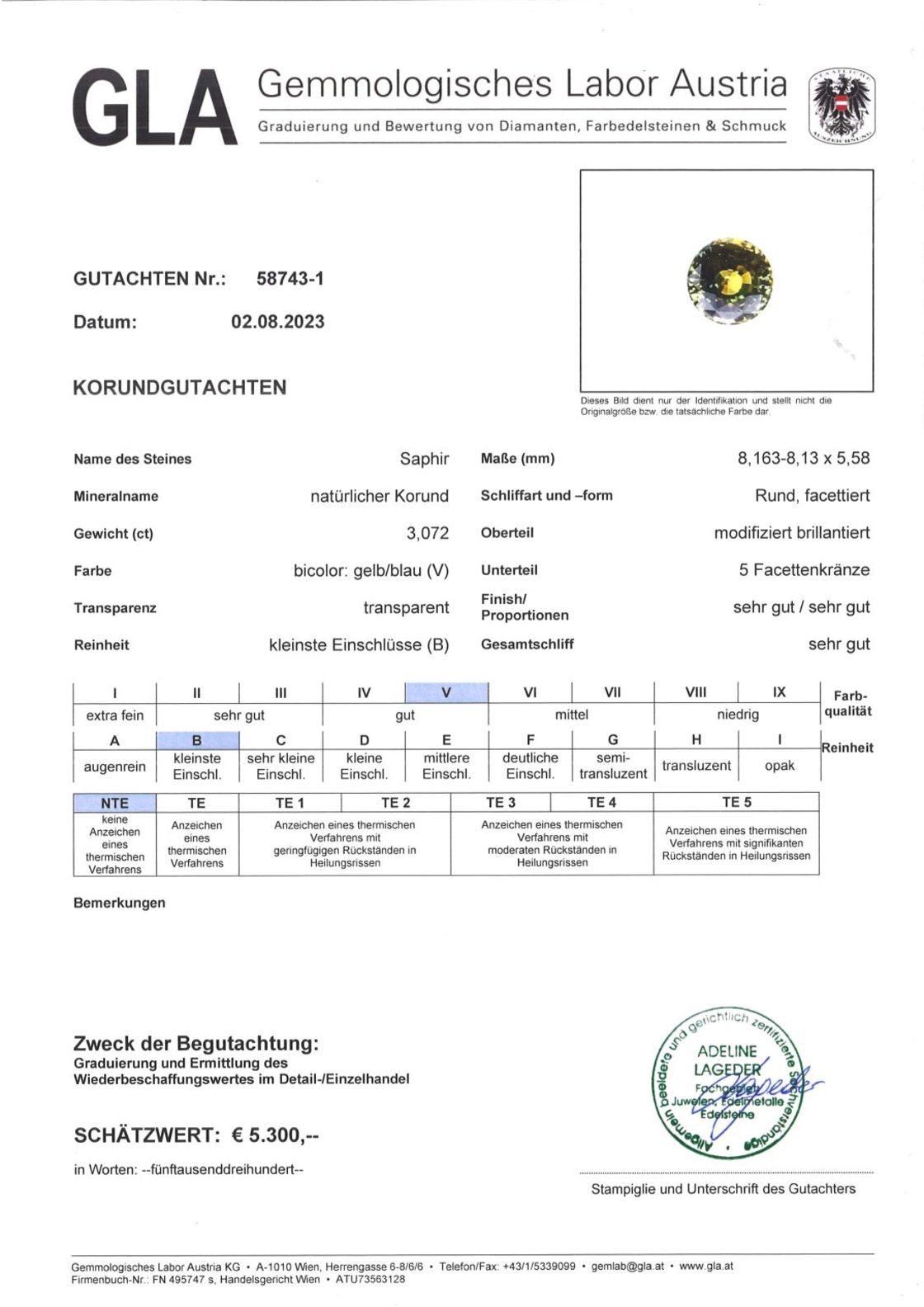 Gutachten zu Sapphire round bicolor unheated 3.07 ct