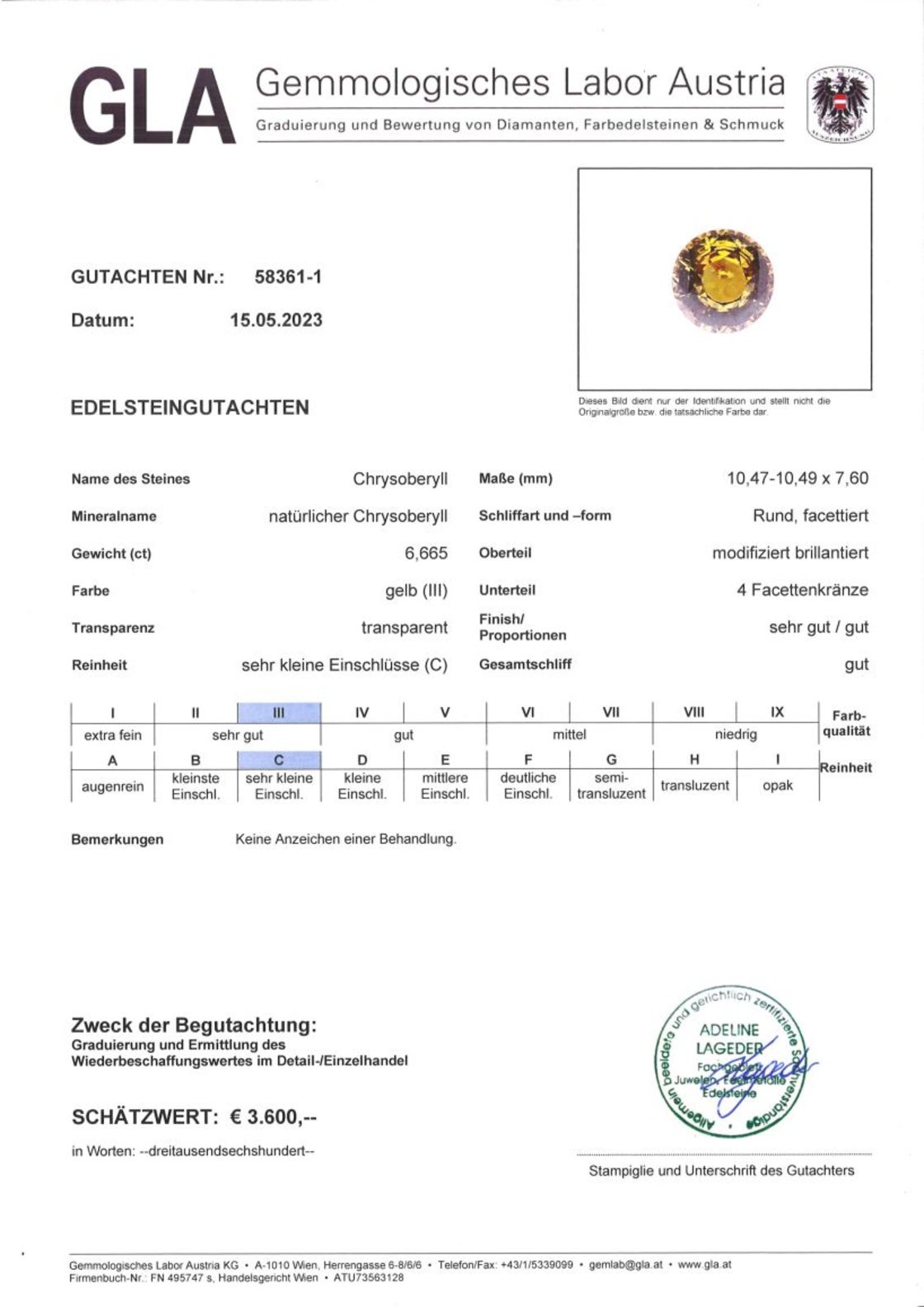 Chrysoberyll Rundschliff gelb 6,665 ct
