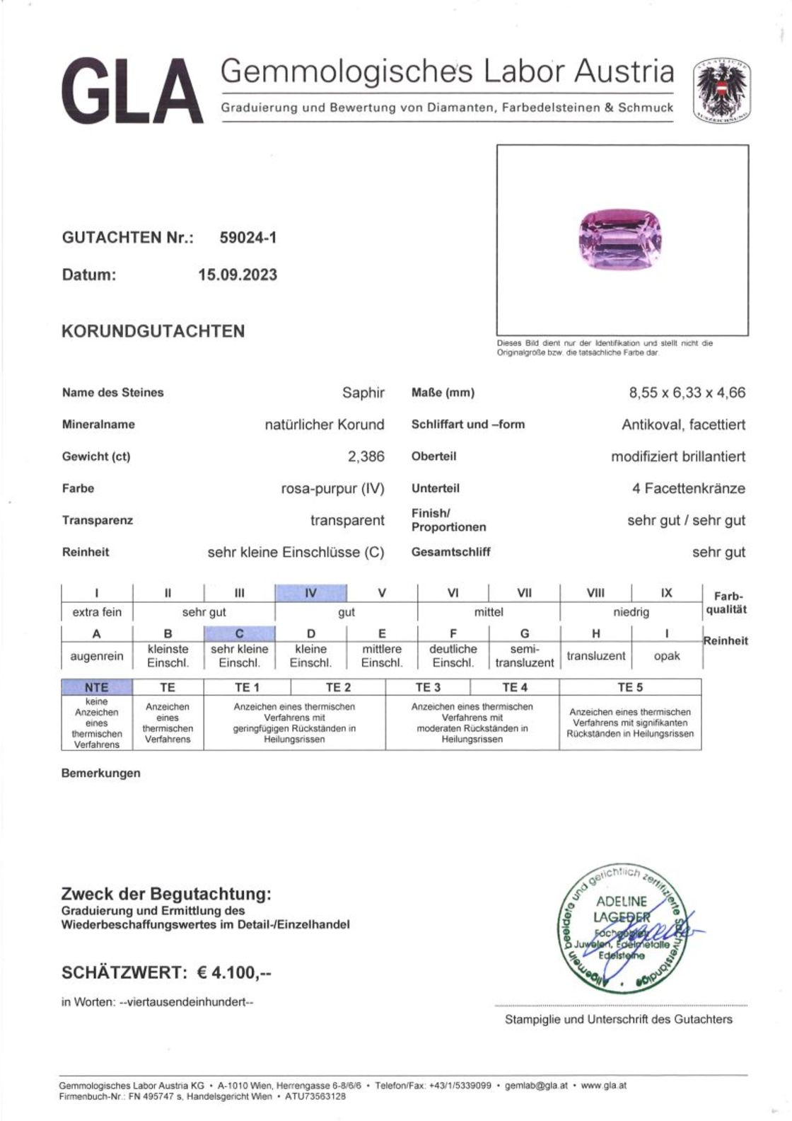 Gutachten zu Sapphire cushion purplish pink unheated 2.38 ct