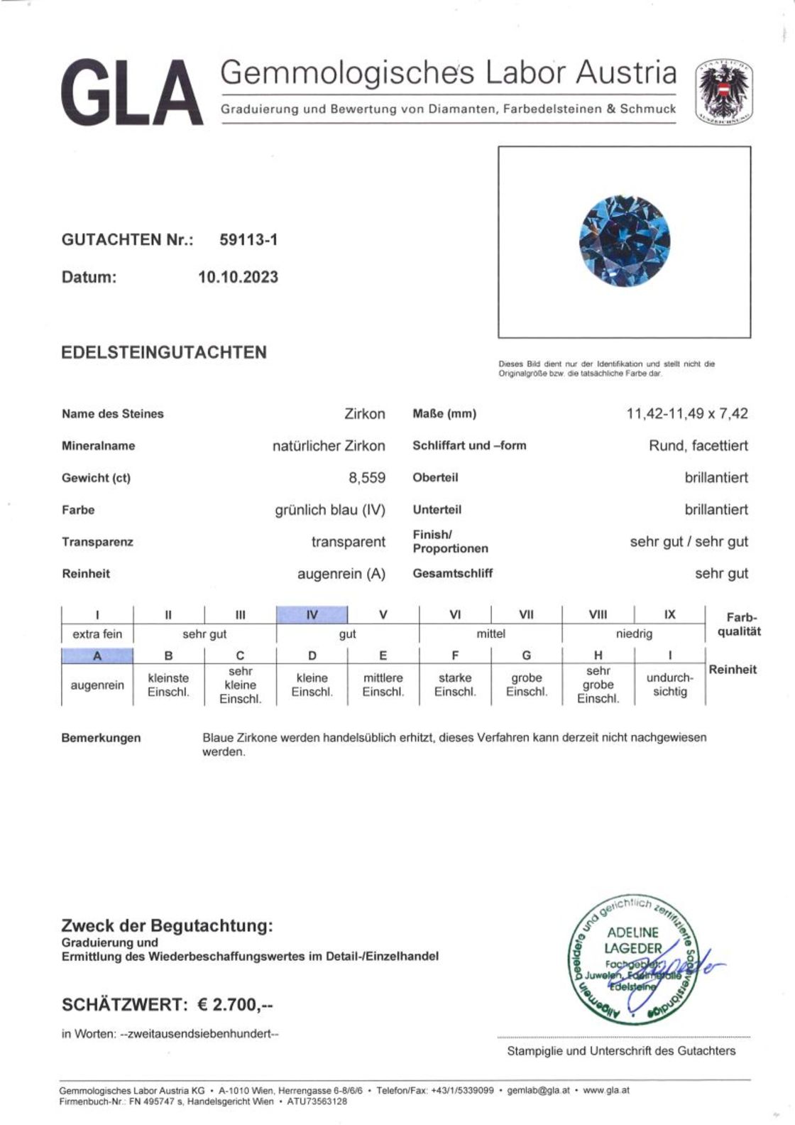 Zirkon Brillantschliff blau 8,559 ct