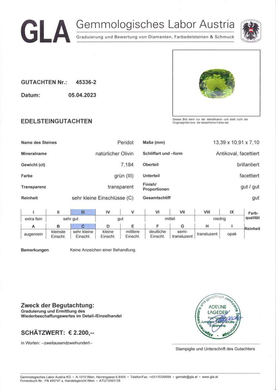 Gutachten zu Peridot Antikoval grün 7,18 ct