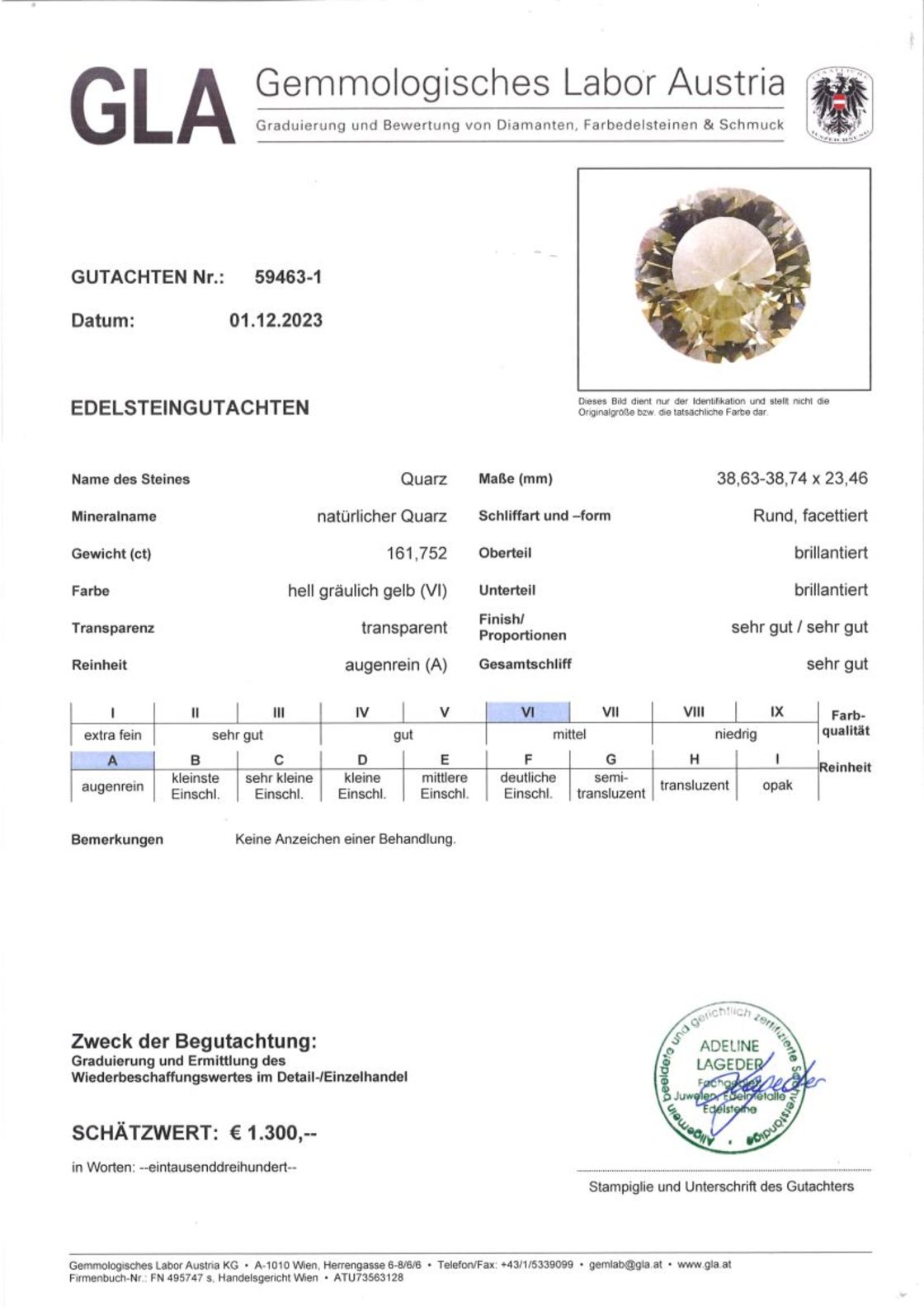 Quarz Design-Rundschliff gräulich zartgelb unbehandelt 161,752 ct
