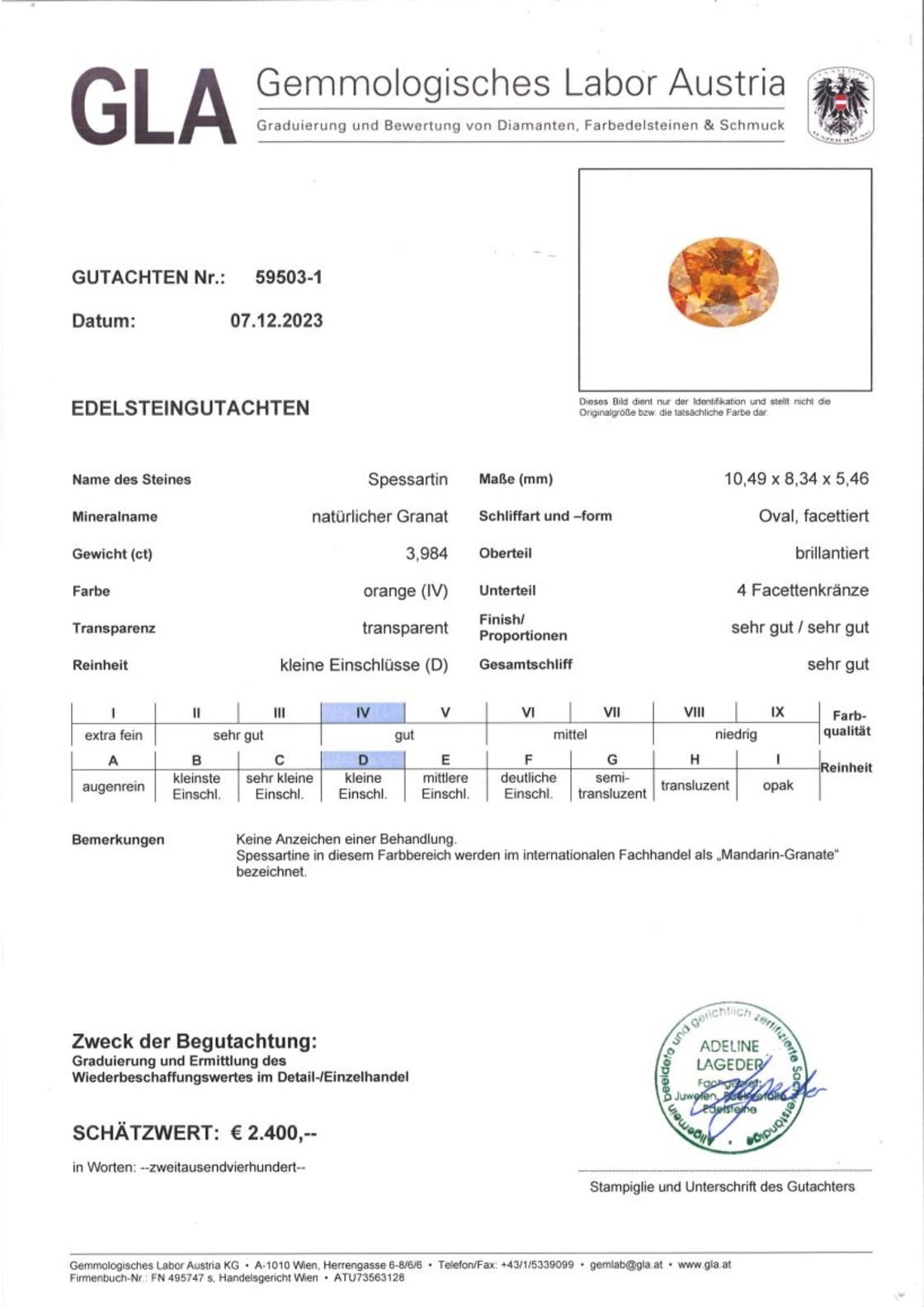 Mandarin Granat Ovalschliff orange 3,984 ct