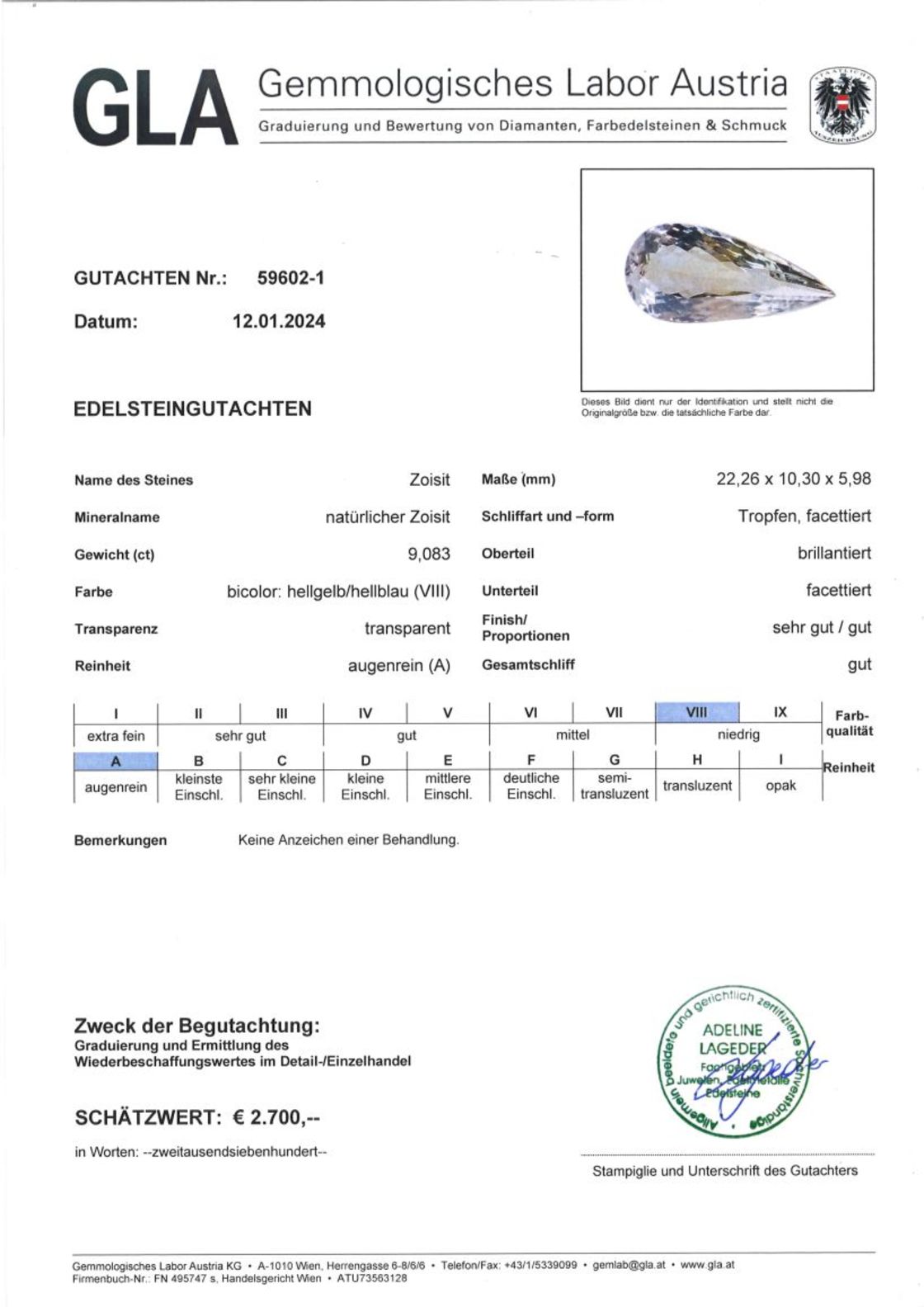 Unbehandelter Zoisit Tropfenschliff bicolor 9,083 ct