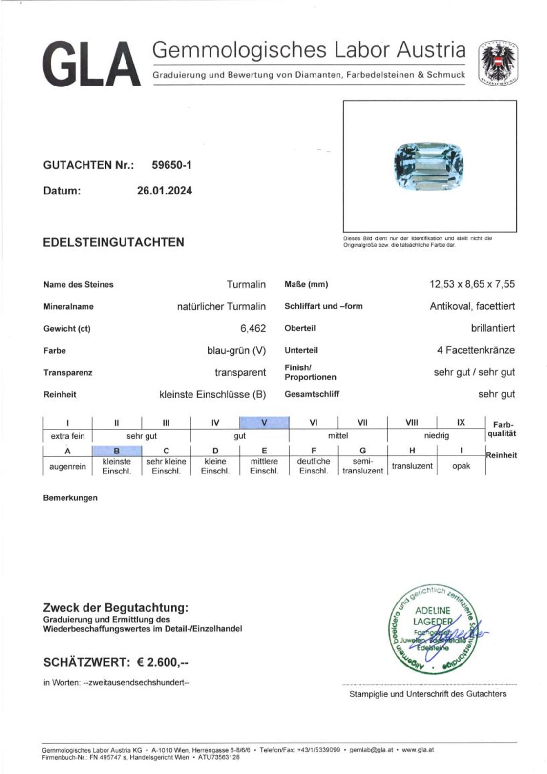 Turmalin Antikschliff helles Blaugrün 6,462 ct