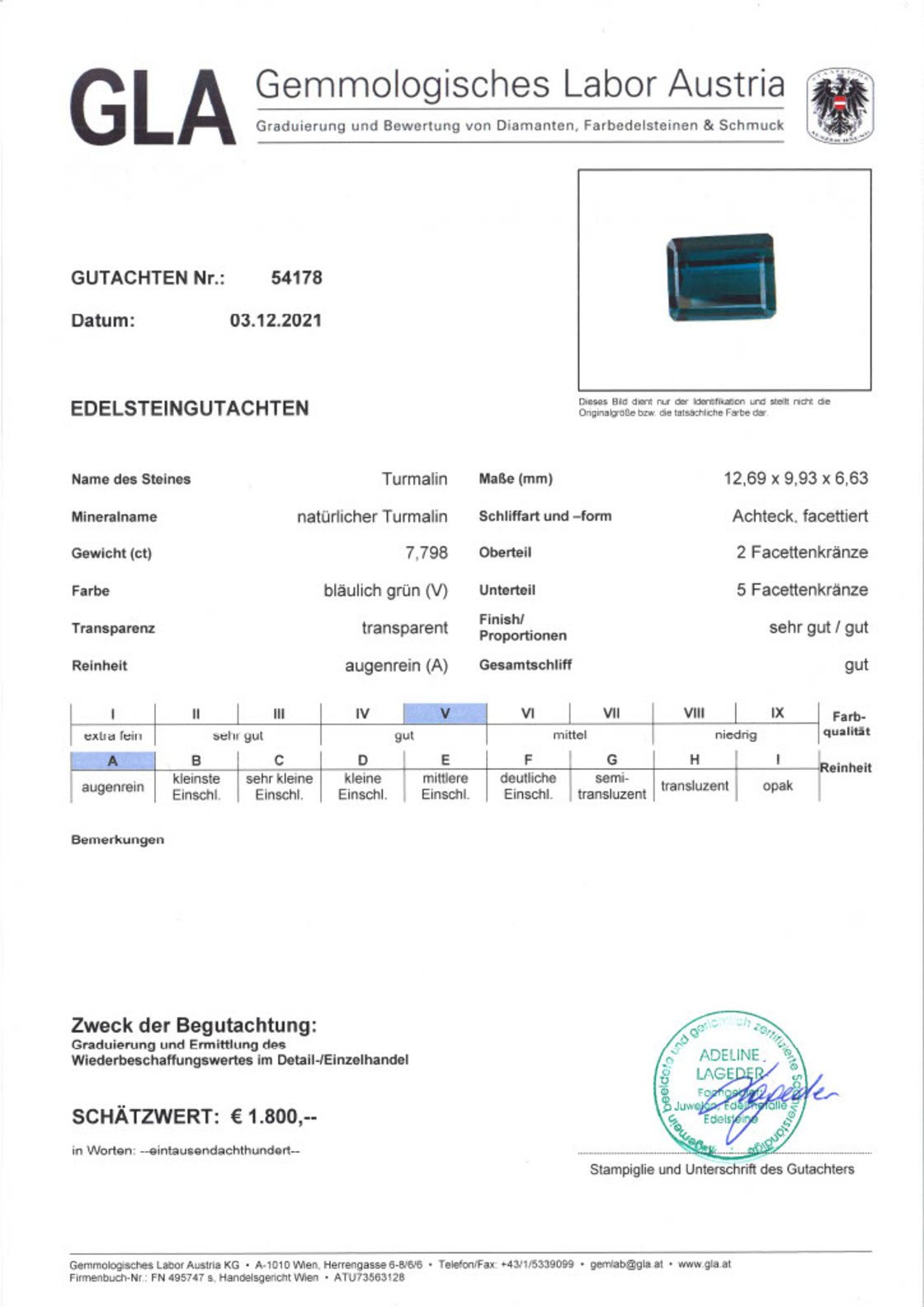 Gutachten zu Tourmaline octagon blue green 7.79 ct