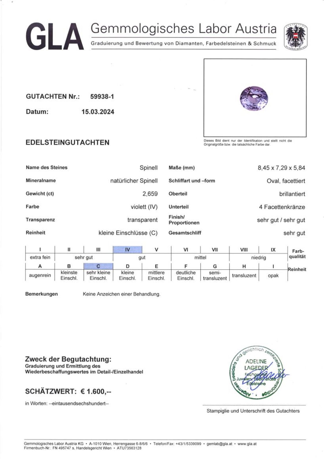Spinell Ovalschliff violett 2,659 ct