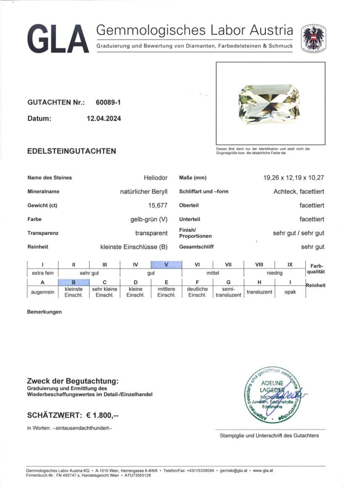 Gutachten zu Heliodor Beryll octagon yellowish light green 15.67 ct