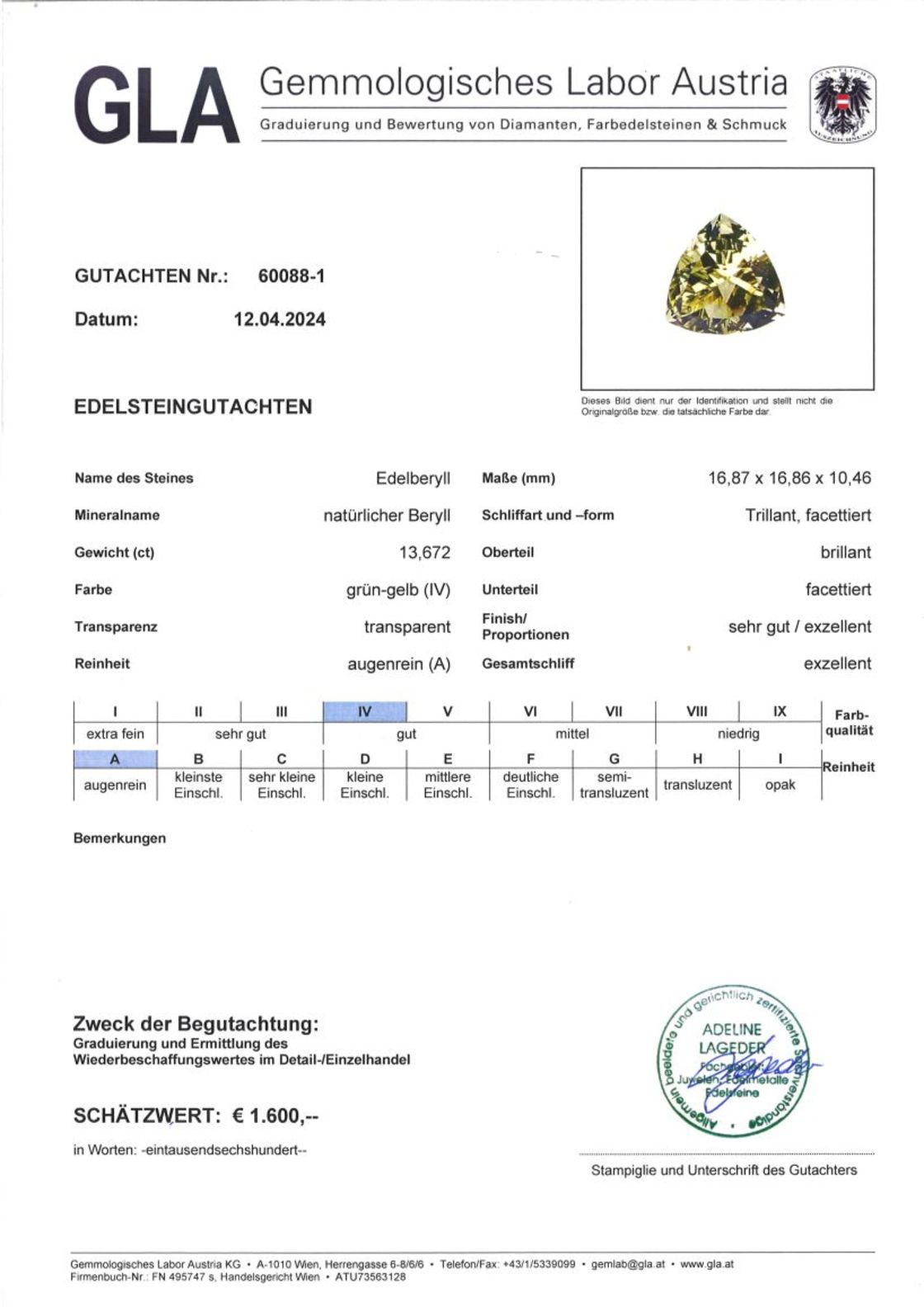 Edelberyll Trillionschliff grünlich gelb unbehandelt 13,672 ct