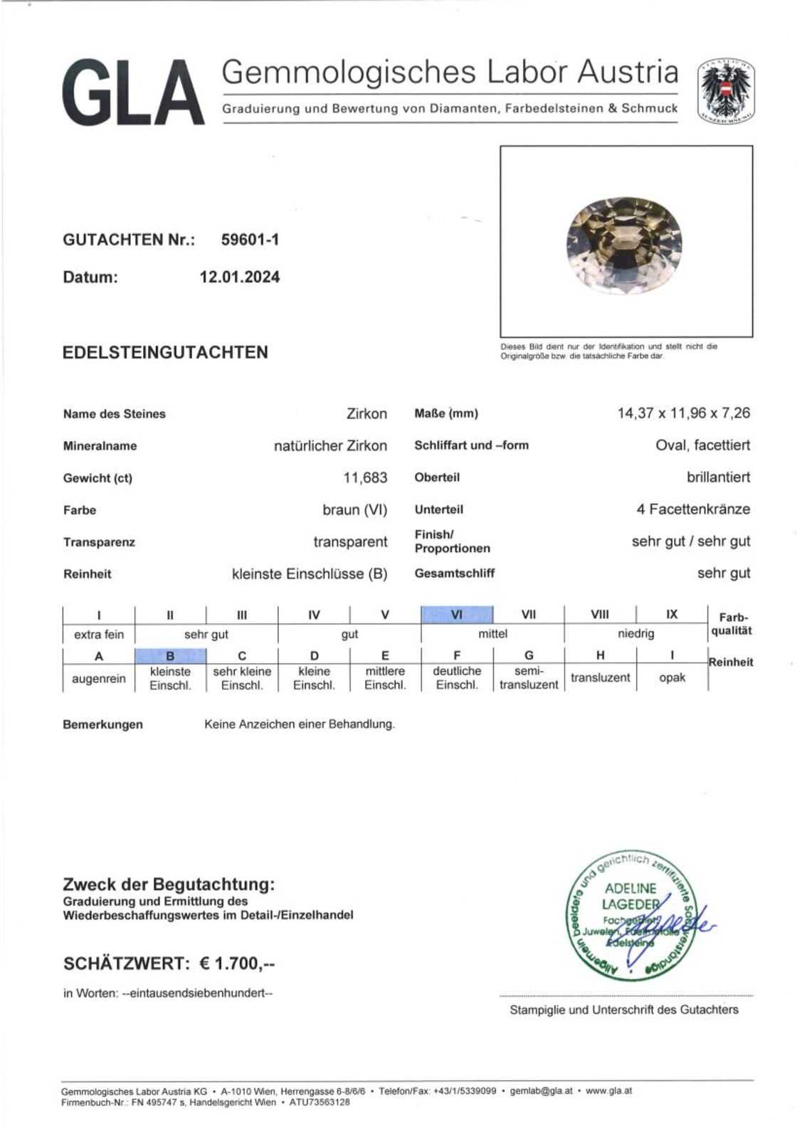 Zirkon Ovalschliff braun unbehandelt 11,683 ct