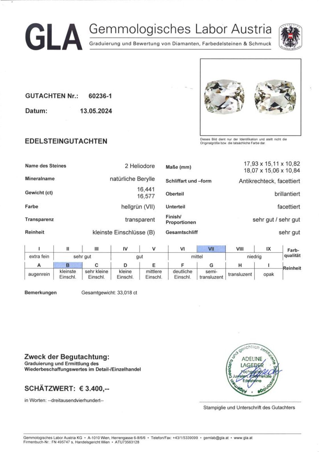 Gutachten zu Heliodor Duo Berylle Design-Antik hellgrün 33,01 ct