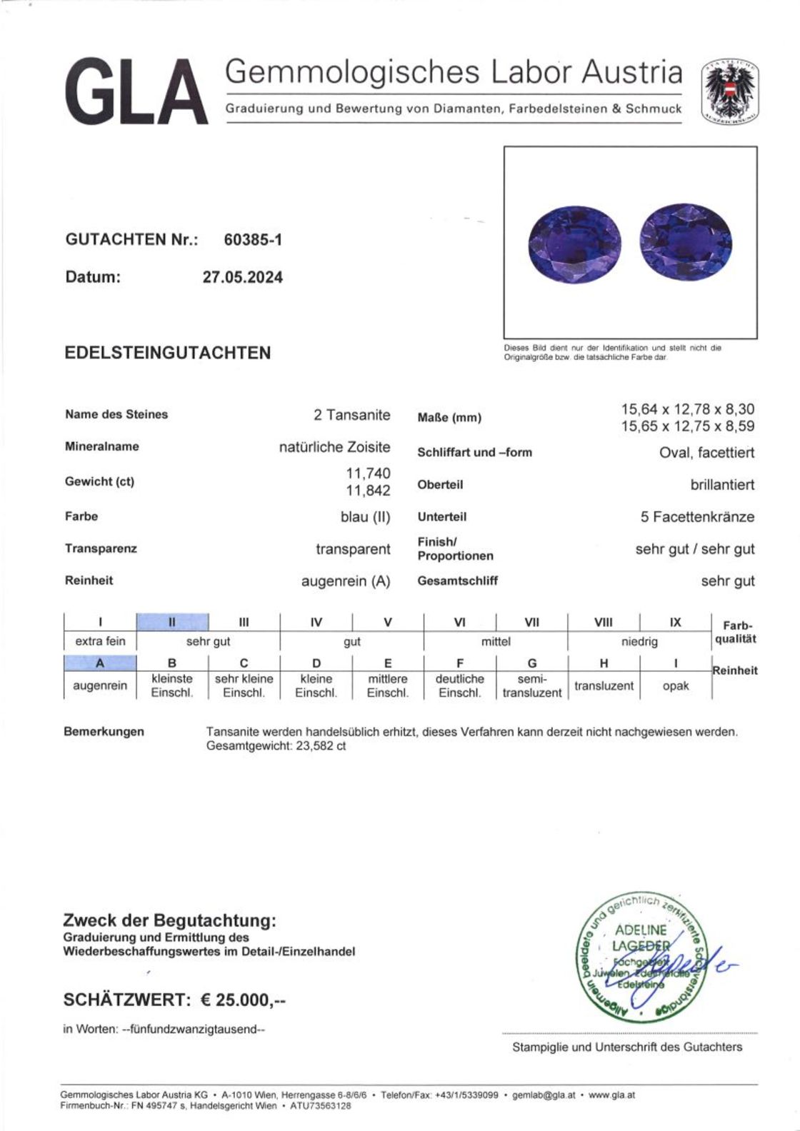 Tansanit Duo Ovalschliffe intensives Blau 23,582 ct