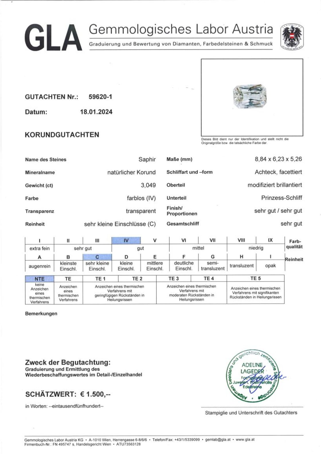 Unbehandelter Saphir Achteck-Princessschliff farblos 3,049 ct