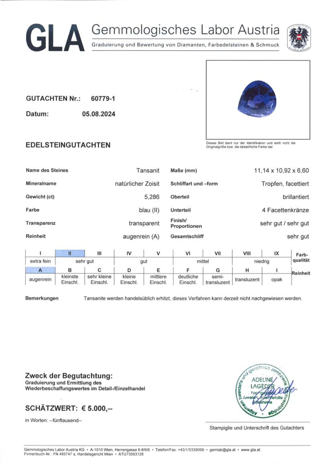 Gutachten zu Tansanit Tropfen intensives Blau 5,28 ct