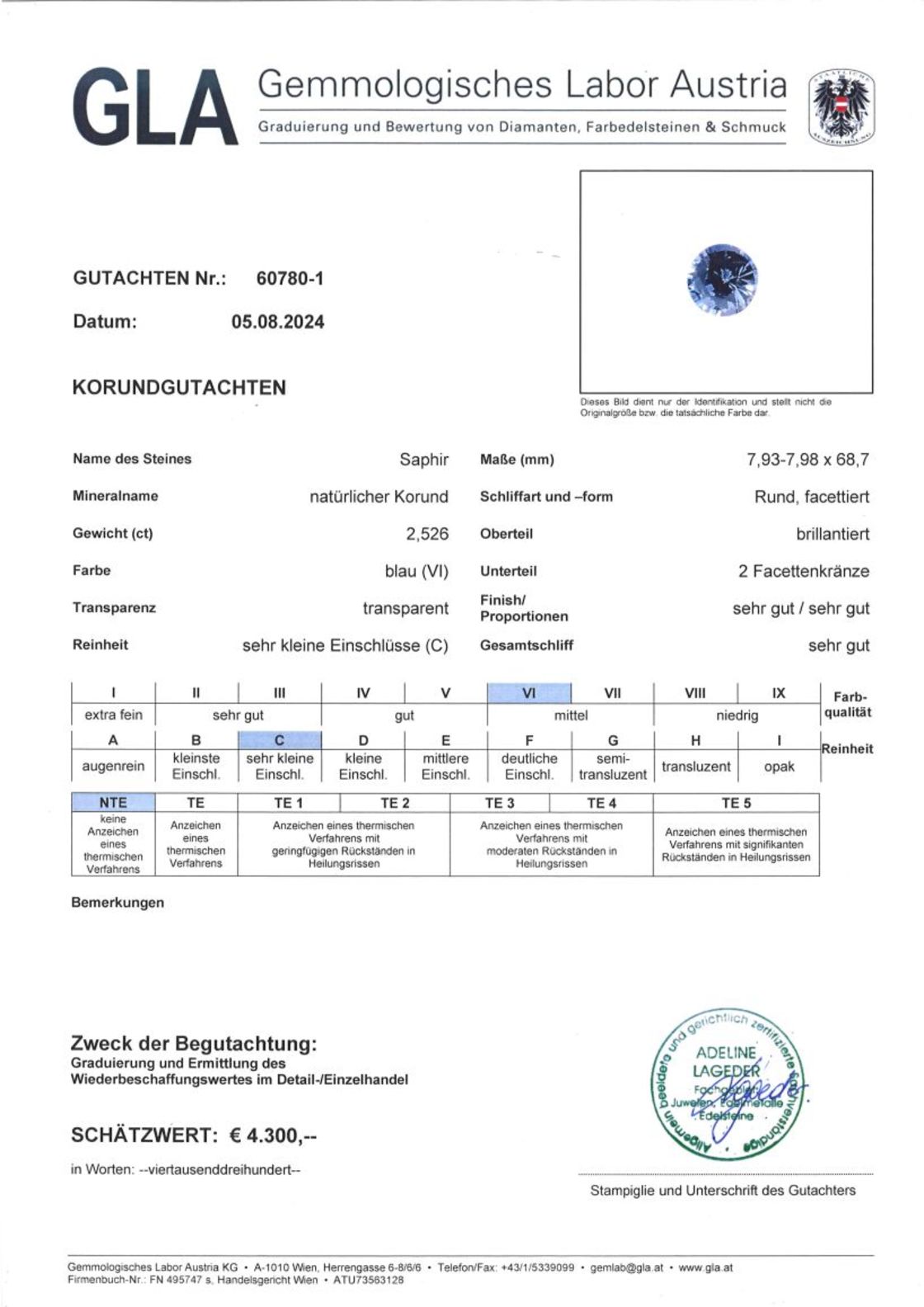 Gutachten zu Sapphire round blue unheated 2.52 ct