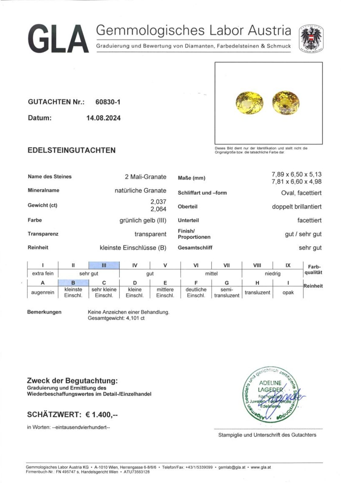 Mali-Granat Duo Ovalschliffe grünlich gelb 4,101 ct