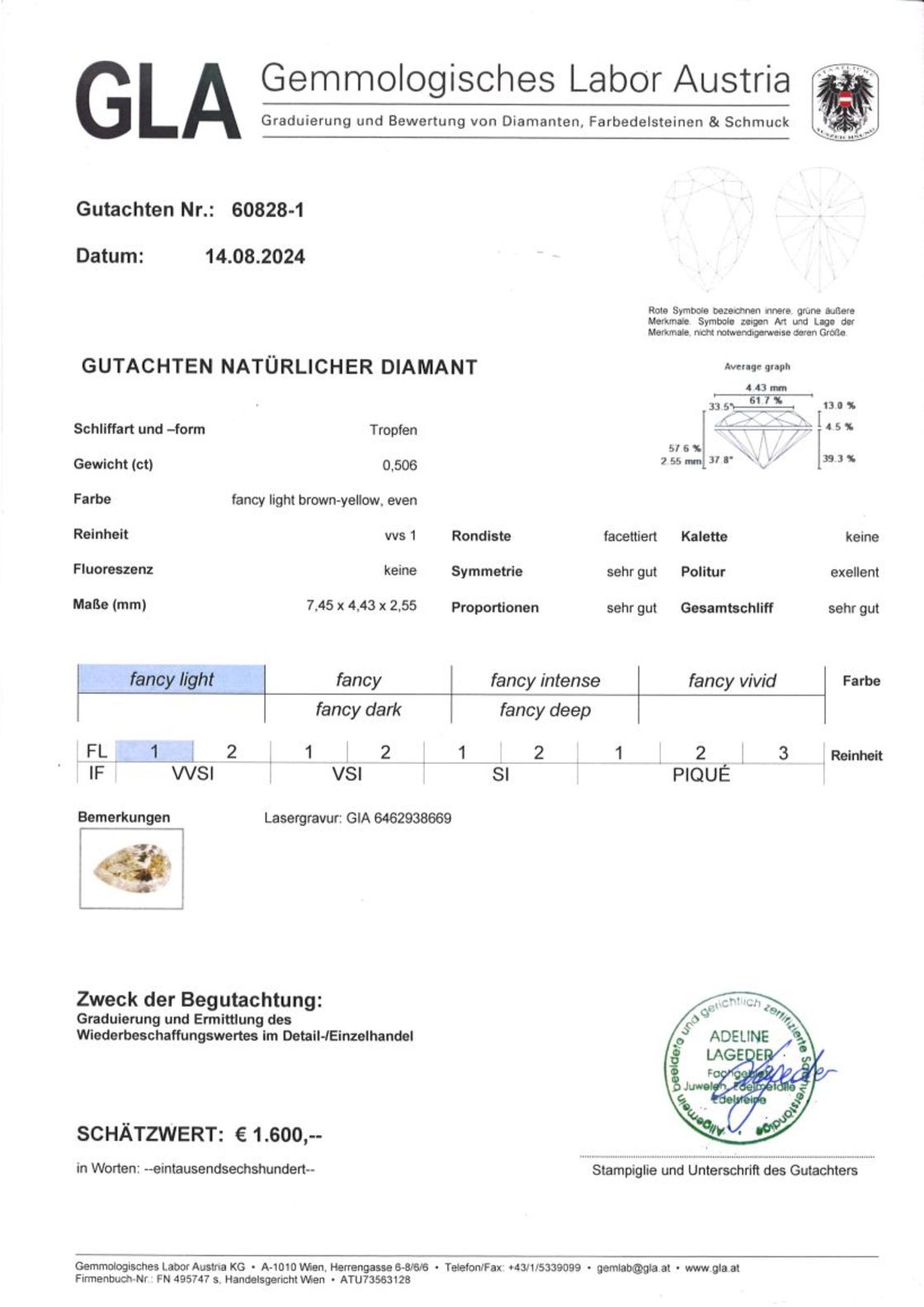 Farbdiamant Tropfen-brillantiert bräunlich hellgelb vvs1 0,50 ct