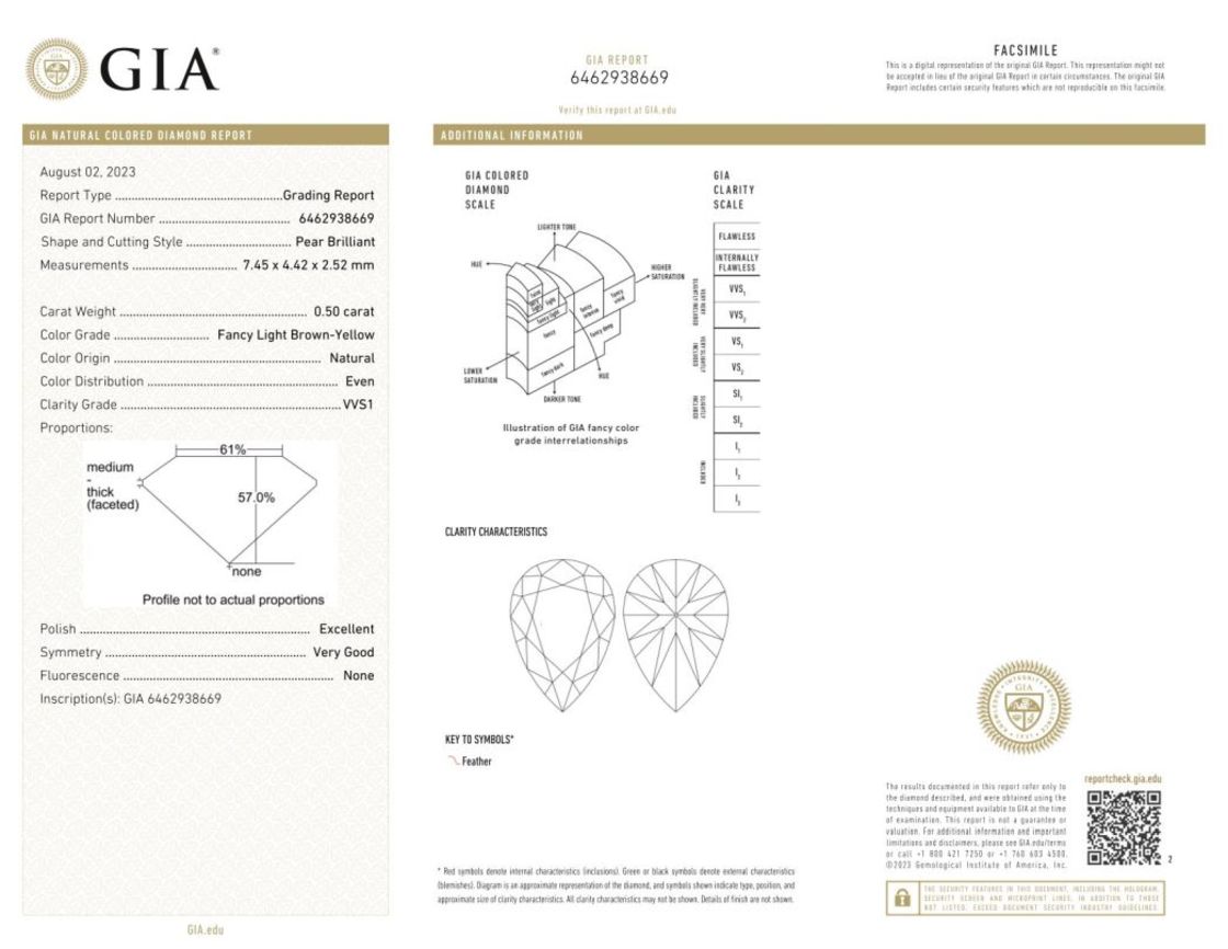 Farbdiamant Tropfen-brillantiert bräunlich hellgelb vvs1 0,50 ct