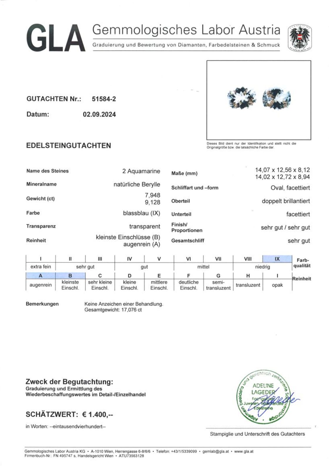 Aquamarin Duo Ovalschliffe zartblau 17,076 ct.