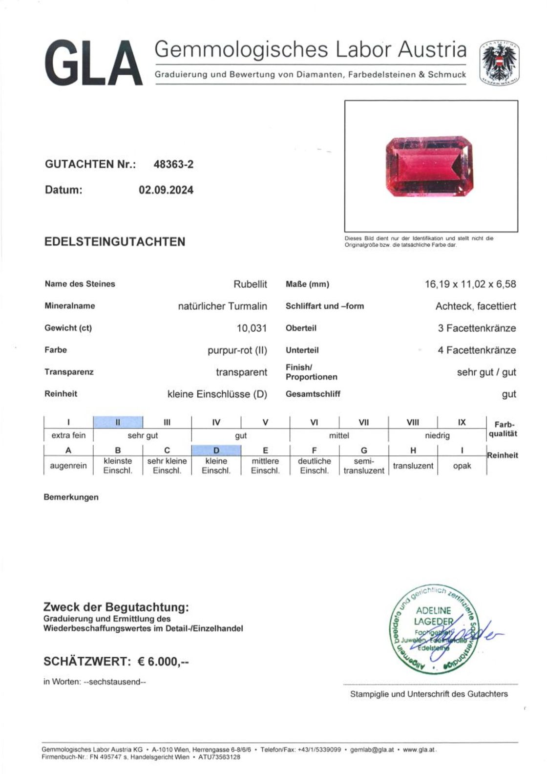 Gutachten zu Rubellite Tourmaline octagon 10.03 ct