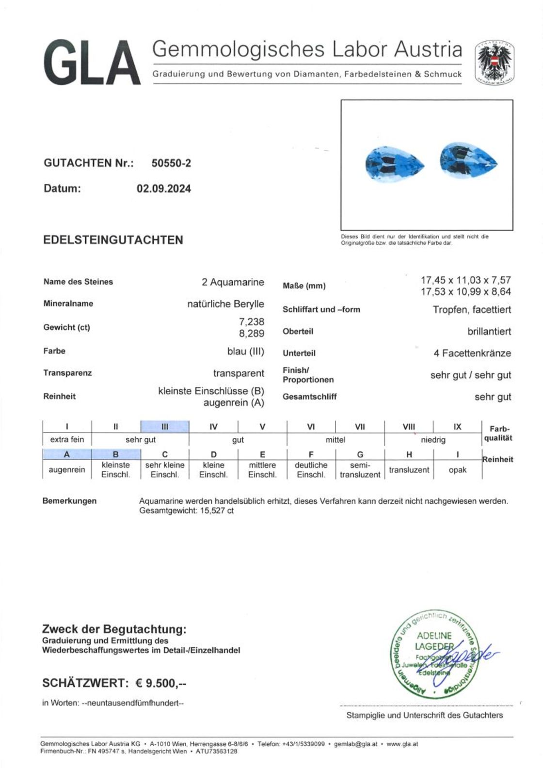 Gutachten zu Aquamarin Duo Tropfen intensives Hellblau 15,52 ct.