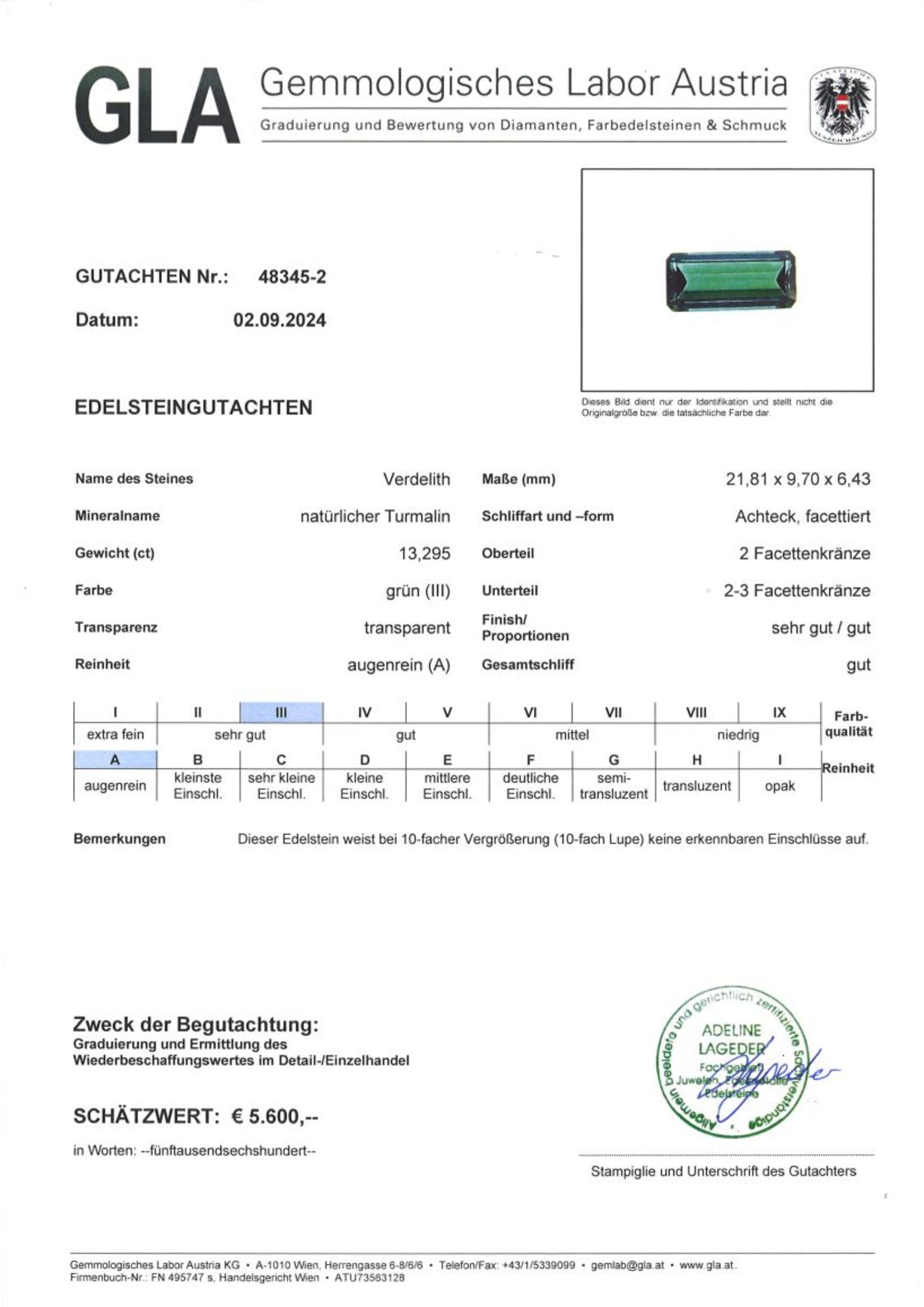 Grüner Turmalin Verdelith Achteckschliff 13,295 ct.