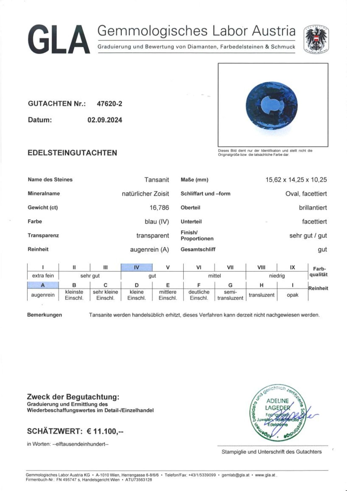 Gutachten zu Tansanit oval blau 16,78 ct