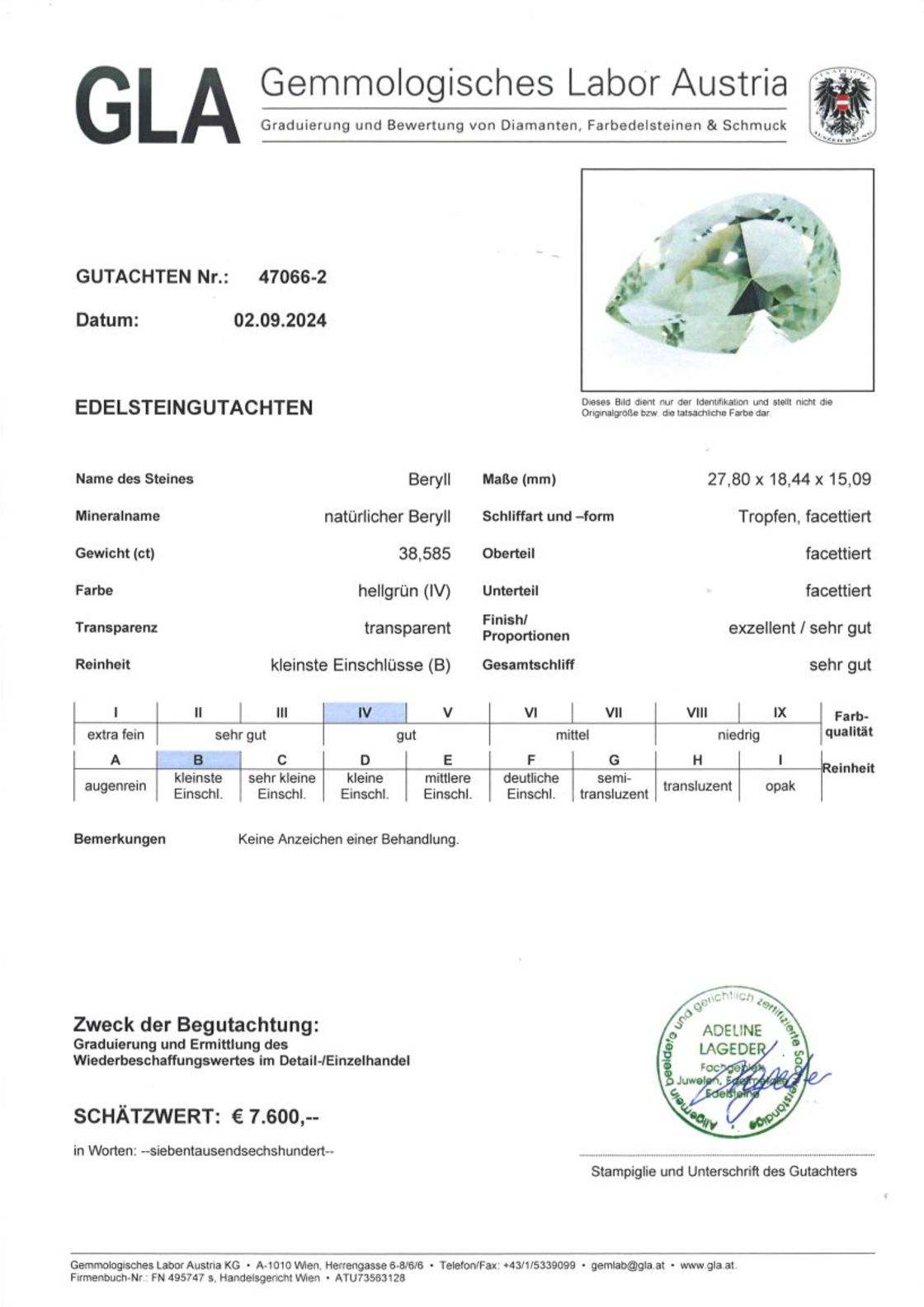 Gutachten zu Beryl pear light green 38.58 ct