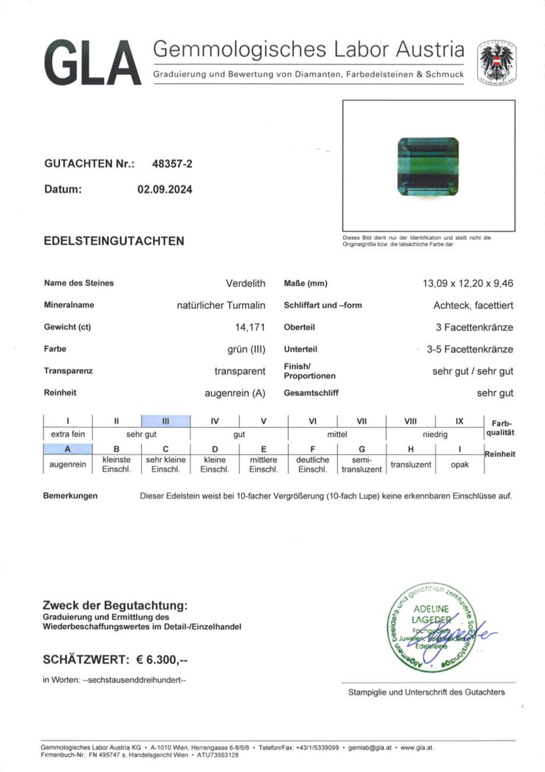 Grüner Turmalin Verdelith Achteckschliff 14,171 ct.