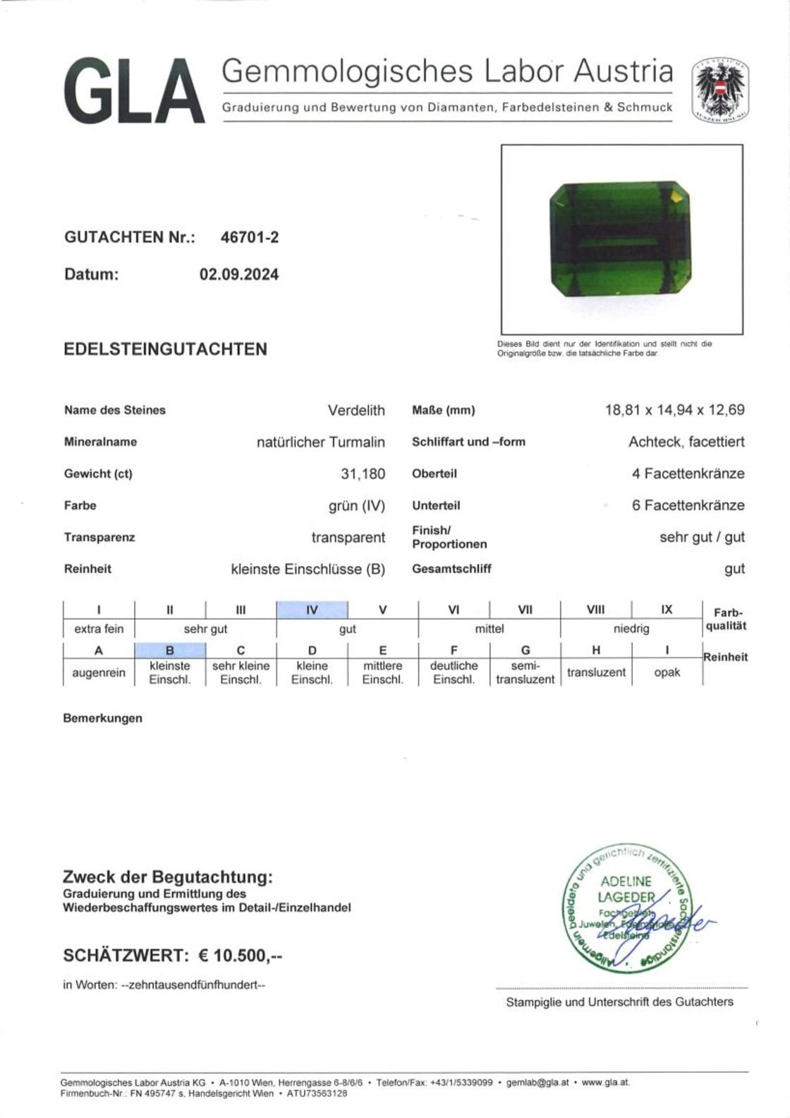 Grüner Turmalin Verdelith Achteckschliff 31,180 ct.