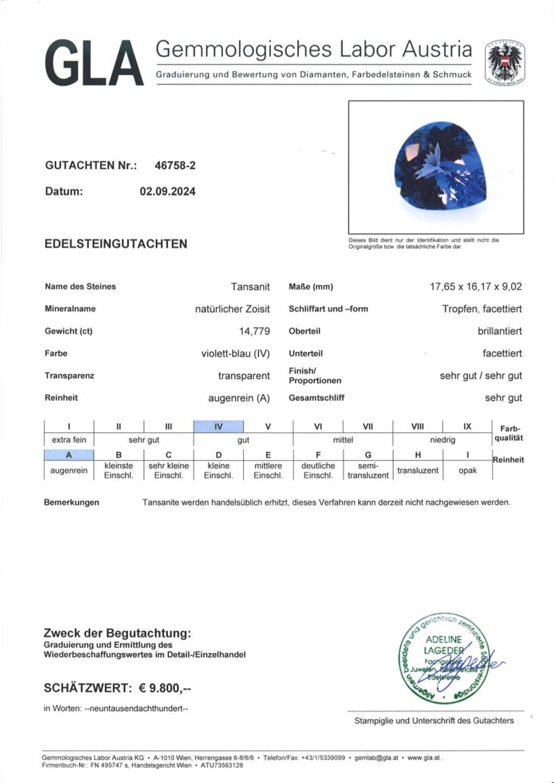 Tansanit Tropfenschliff lila-blau 14,779 ct