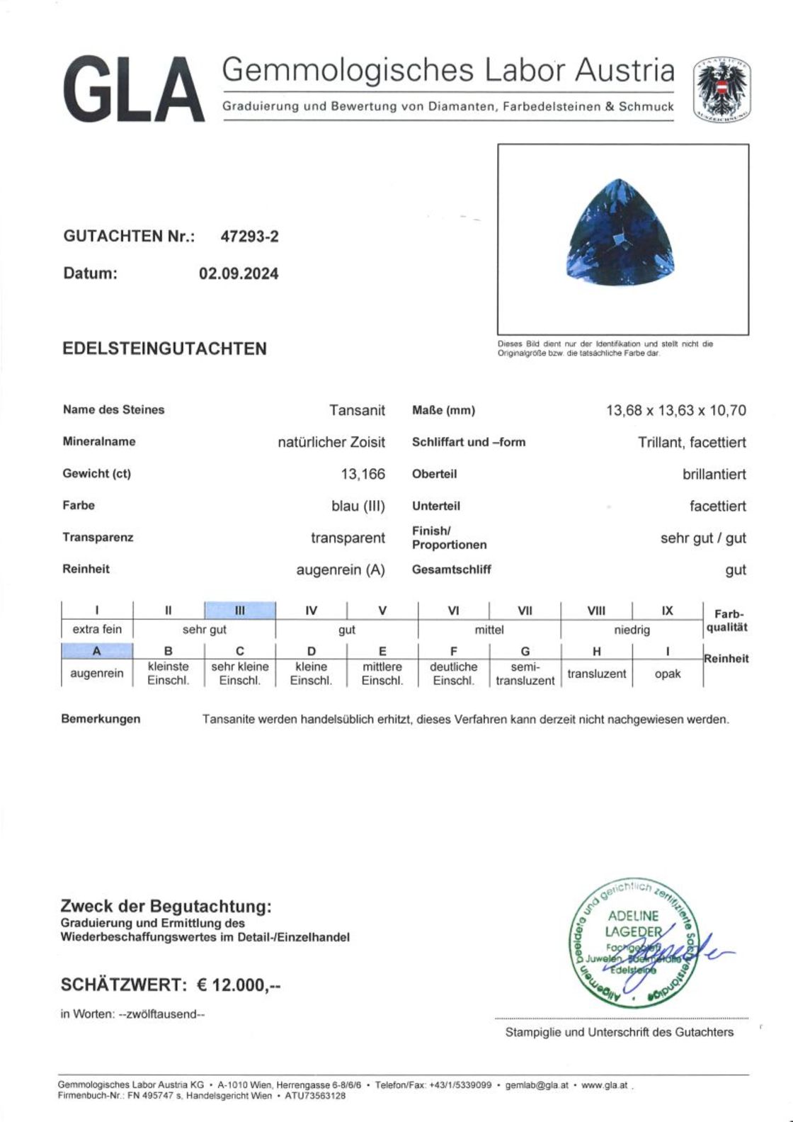 Gutachten zu Tansanit Trillion intensives Blau 13,16 ct