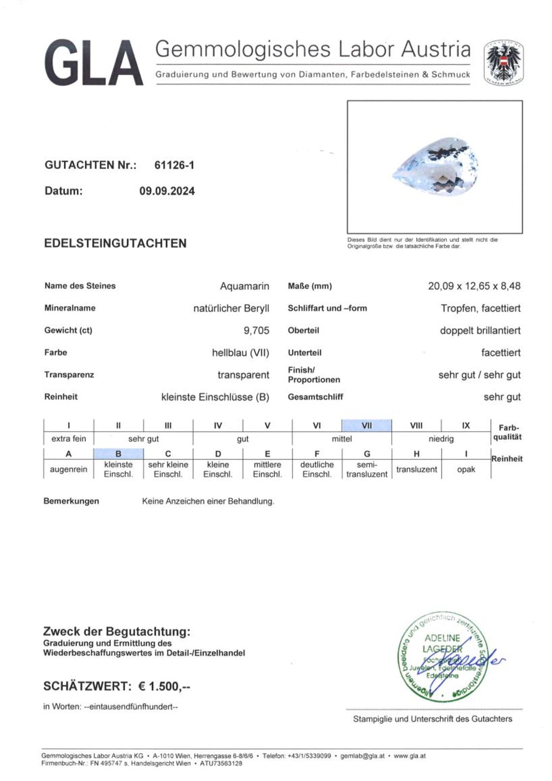 Aquamarin Tropfenschliff hellblau unbehandelt 9,705 ct