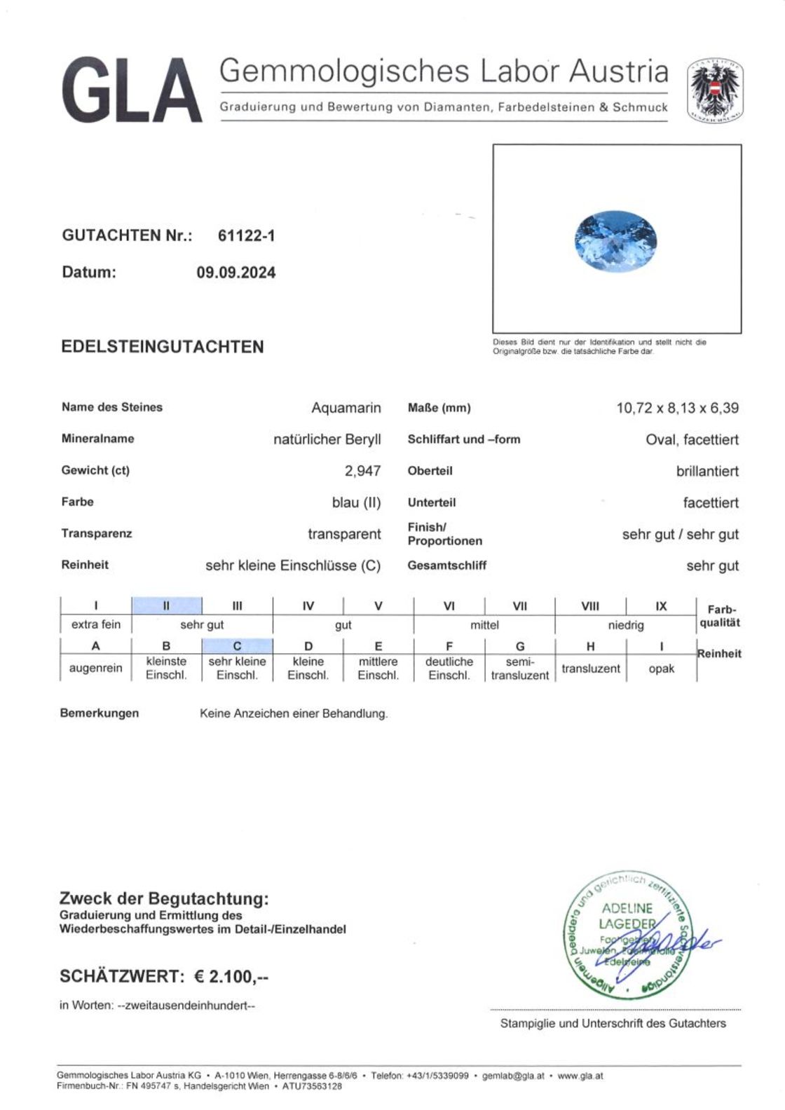 Gutachten zu Aquamarine oval blue untreated 2.94 ct