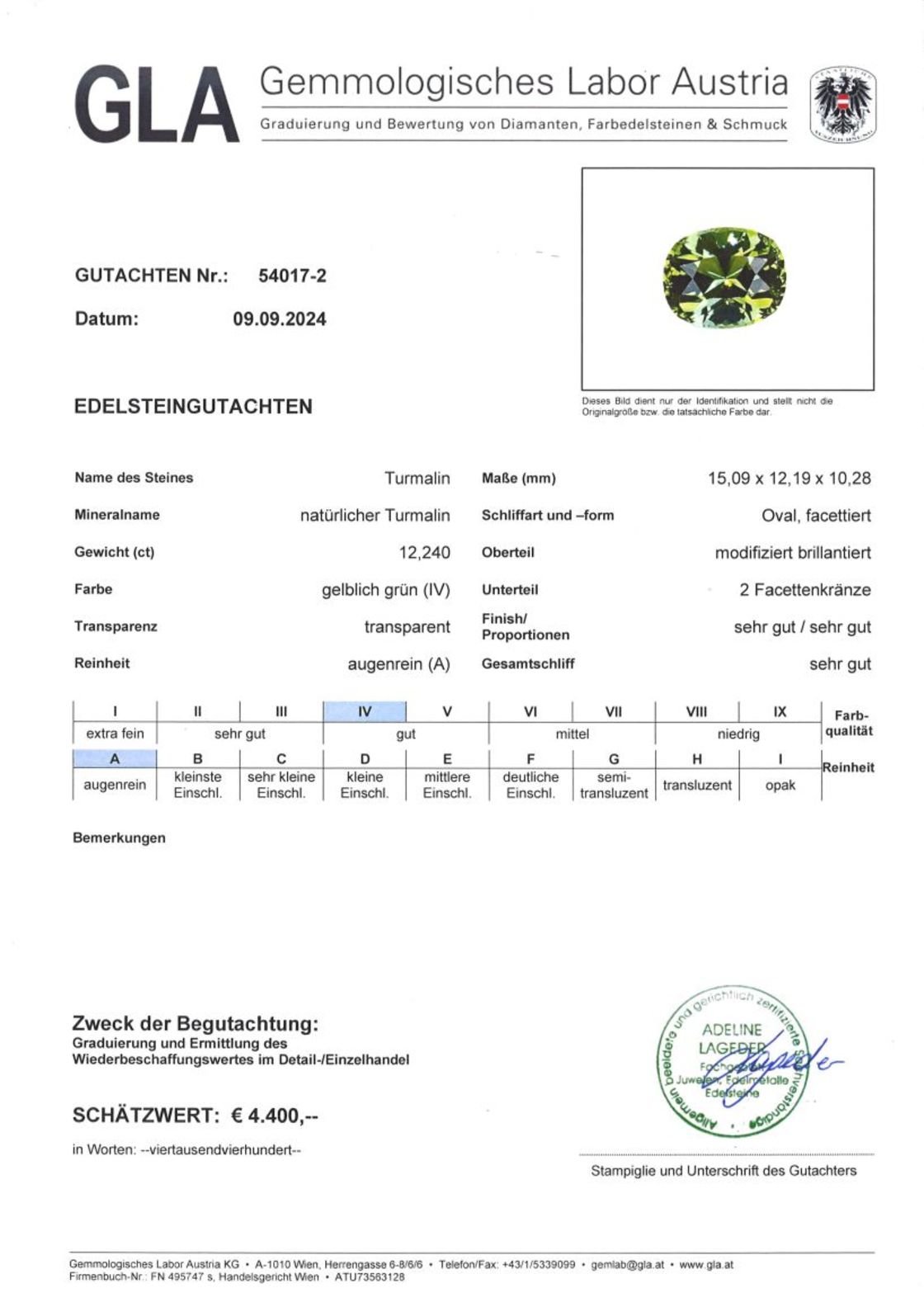 Turmalin Ovalschliff gelblich grün 12,240 ct