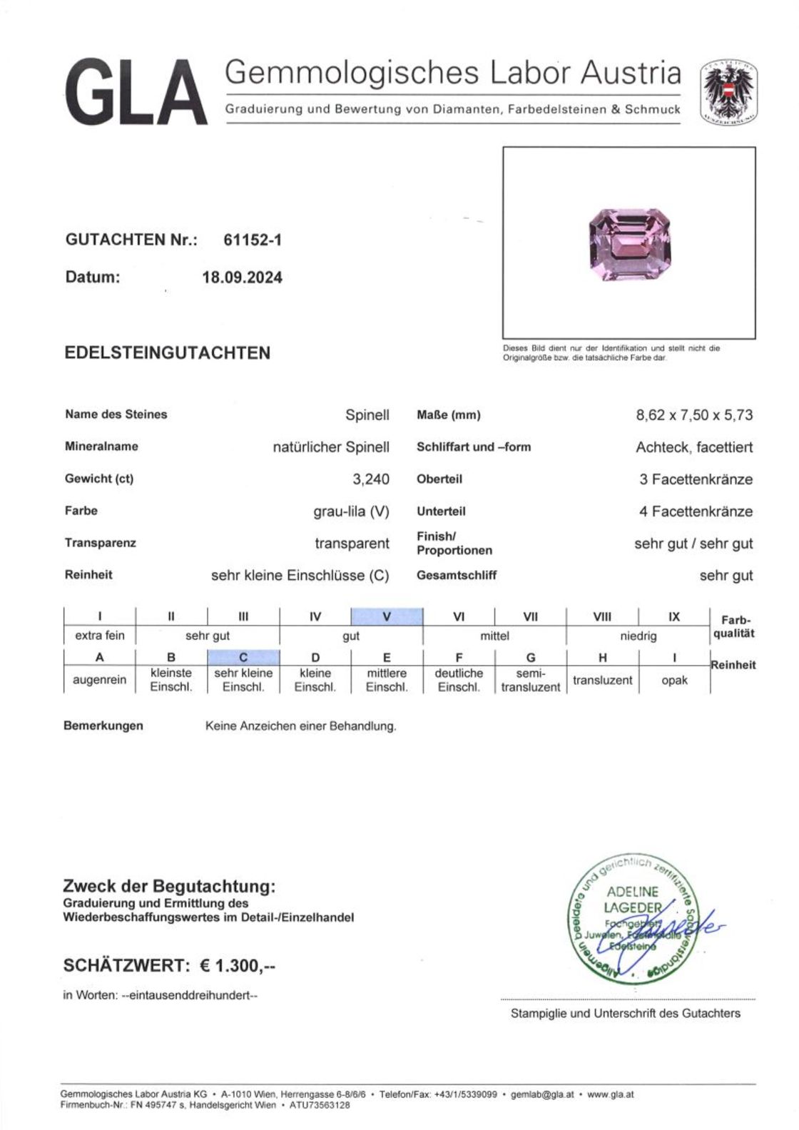 Gutachten zu Spinel octagon gräulich-lila untreated 3.24 ct