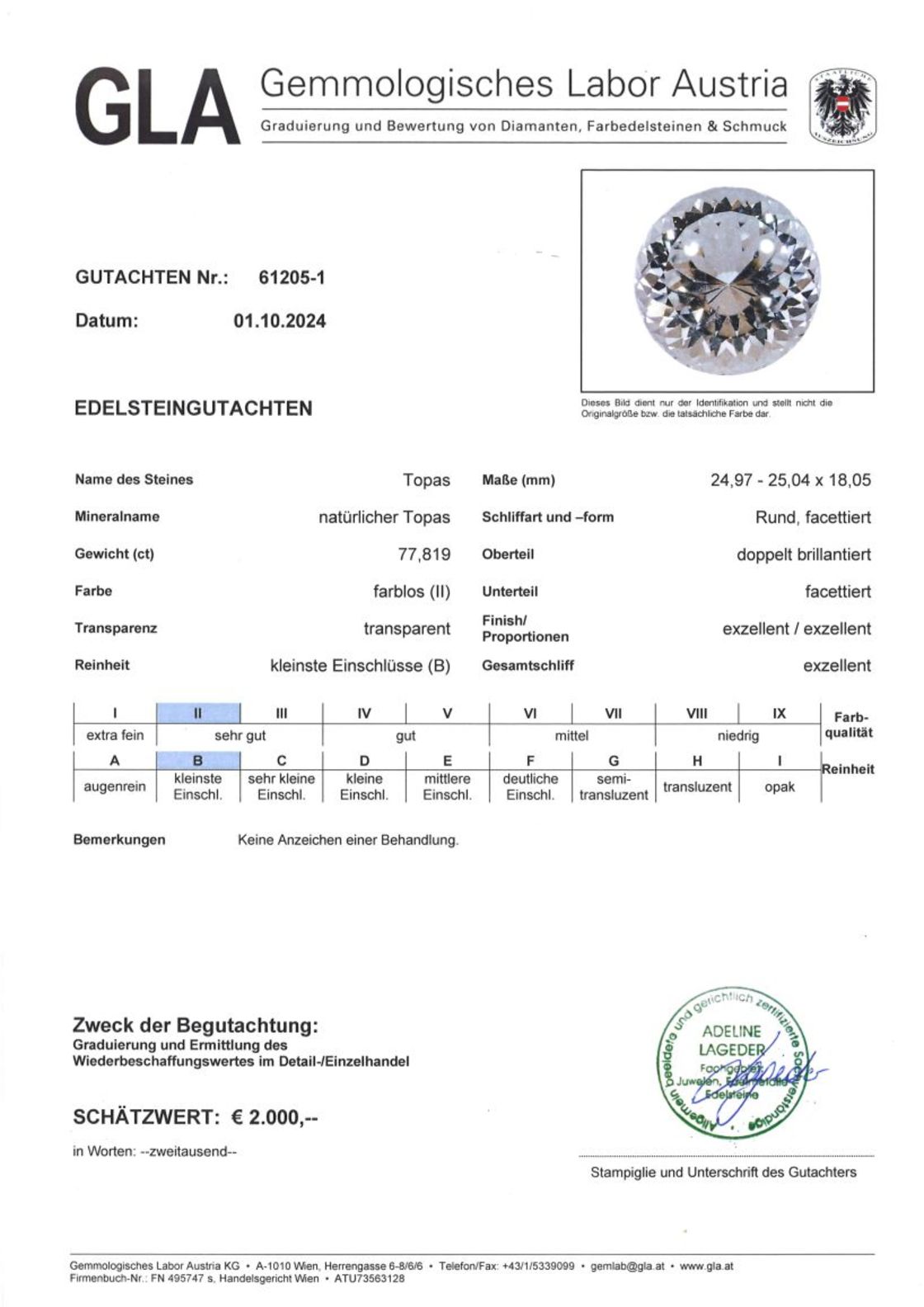 Topas Rundschliff farblos unbehandelt 77,819 ct