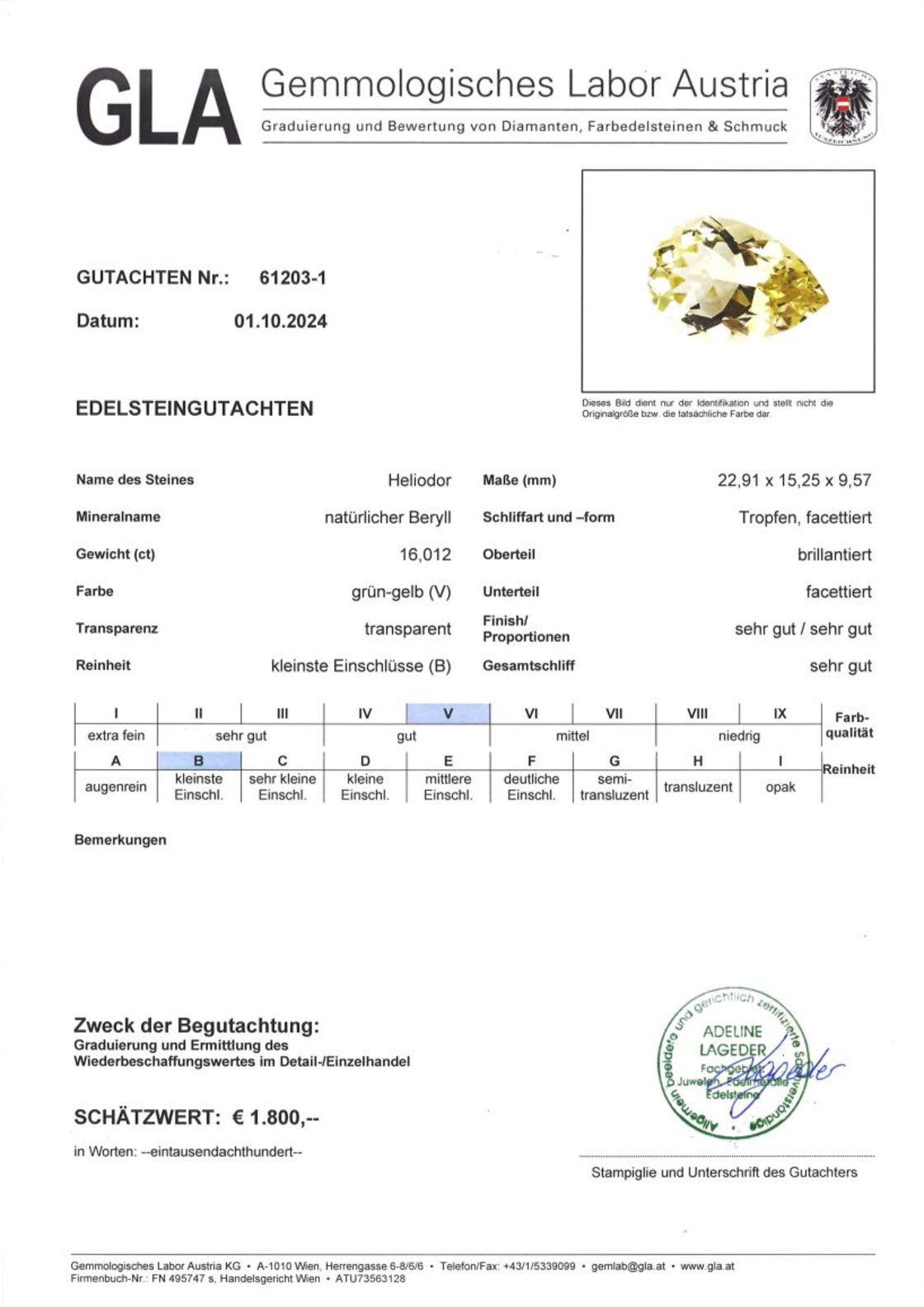 Gutachten zu Heliodor Beryll pear greenish yellow 16.01 ct