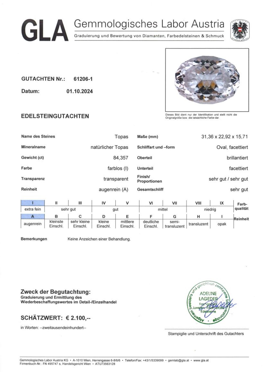 Topas Ovalschliff farblos unbehandelt 84,357 ct