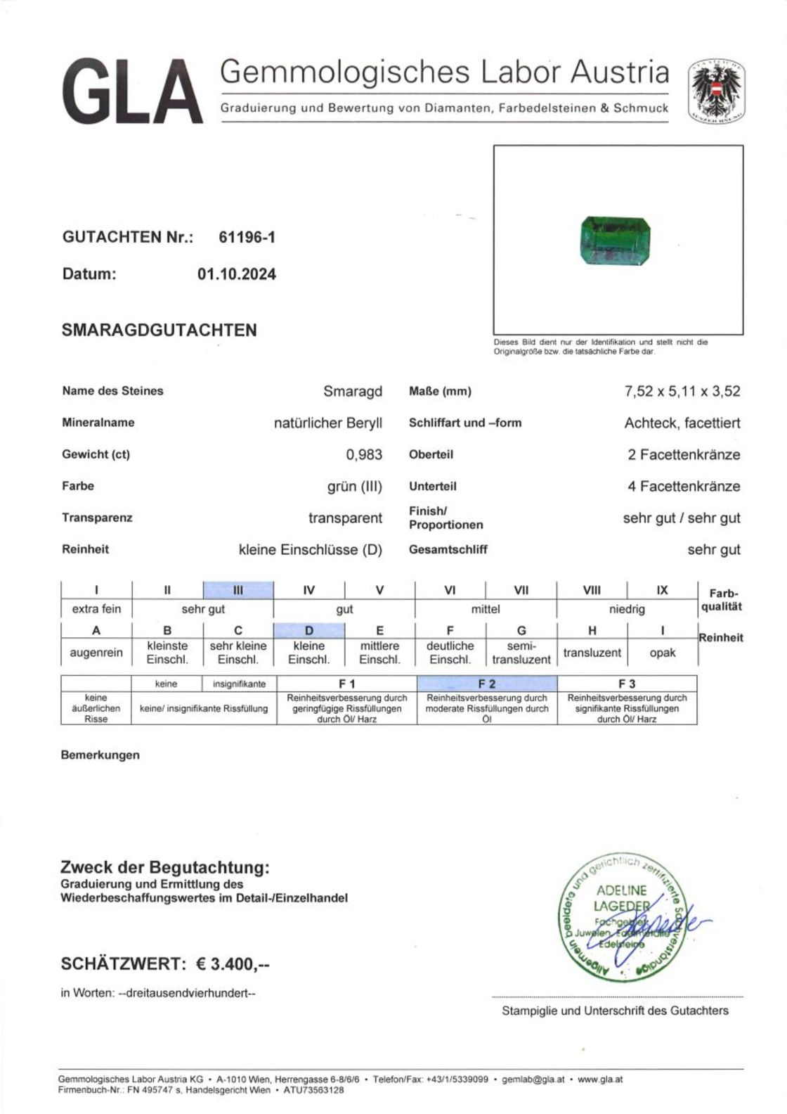 Smaragd Achteckschliff intensives Grün 0,983 ct