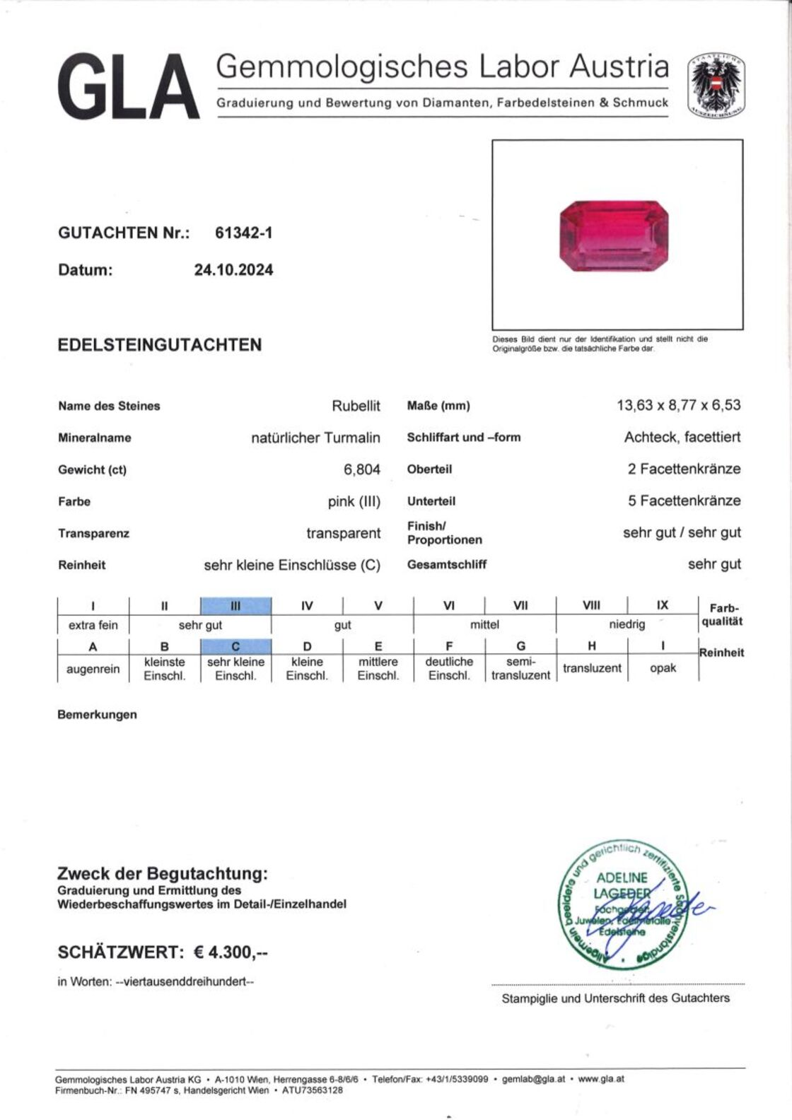 Rubellit Turmalin Achteckschliff rötlich-pink 6,804 ct