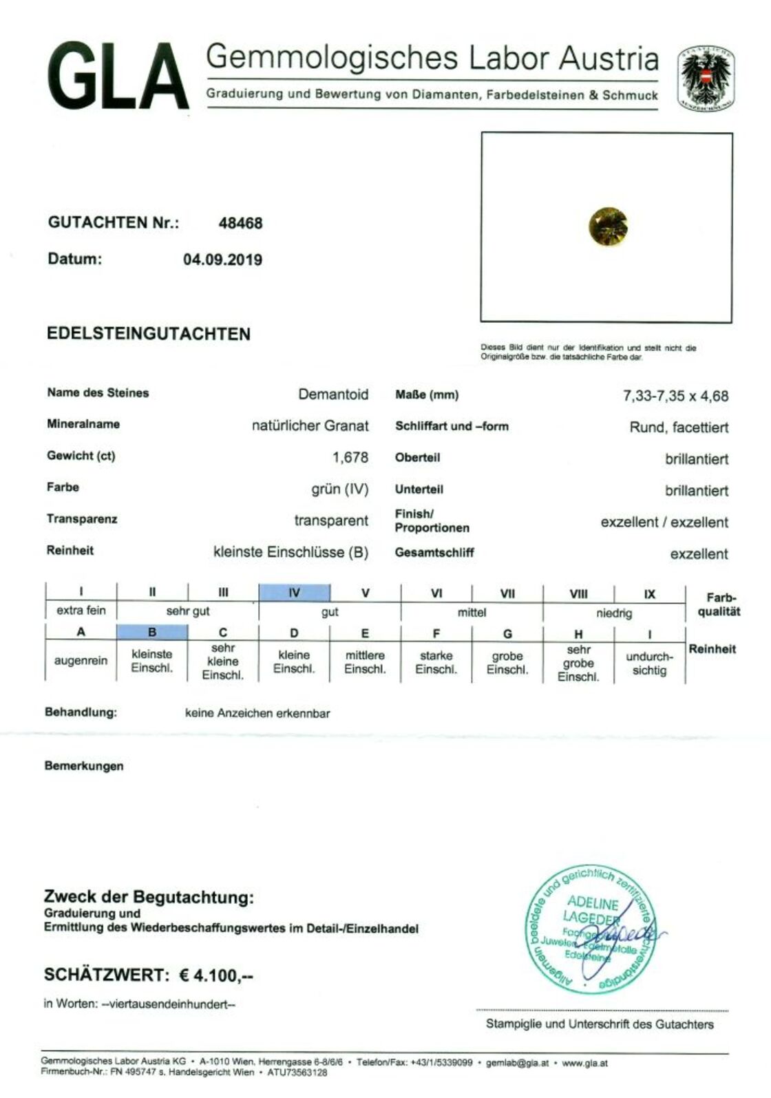 Gutachten zu Demantoid Garnet round brilliant green 1.67 ct