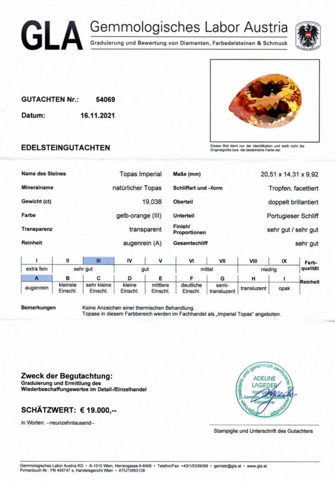 Gutachten zu Imperial-Topas Tropfen gelborange 19,03 ct