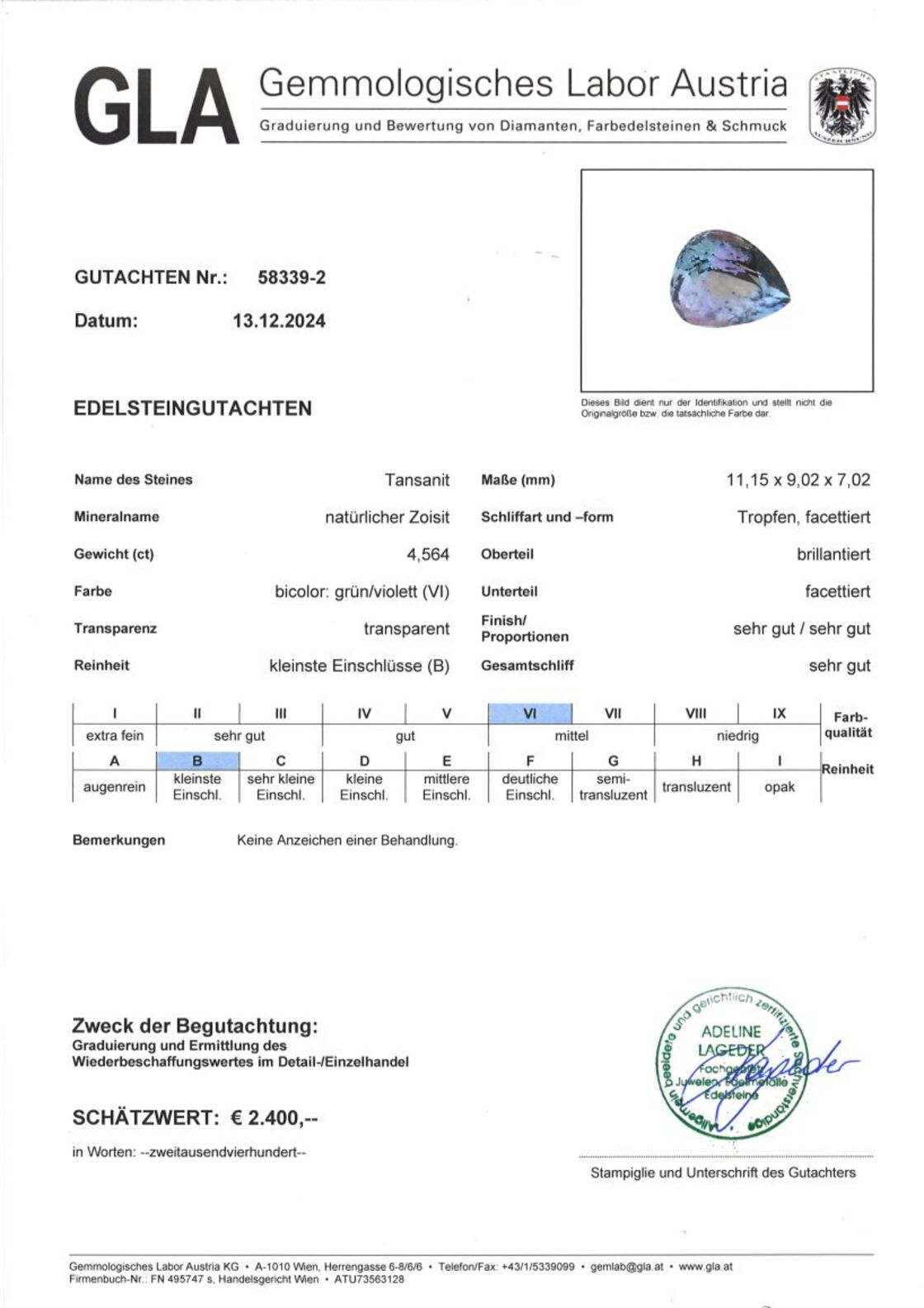 Unbehandelter Tansanit Tropfenschliff bicolor 4,564 ct.