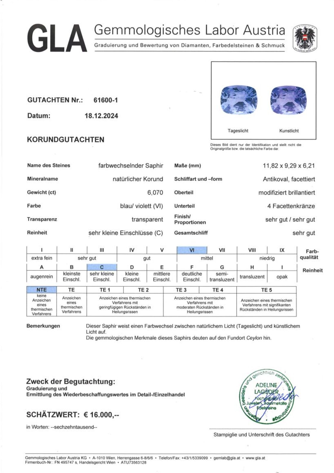 Gutachten zu Saphir antik blau-violett unbehandelt 6,07 ct.