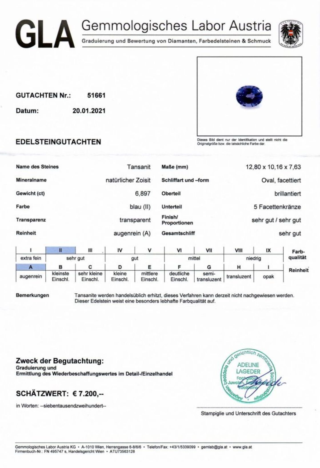 Gutachten zu Tansanit oval intensives Blau 6,89 ct.