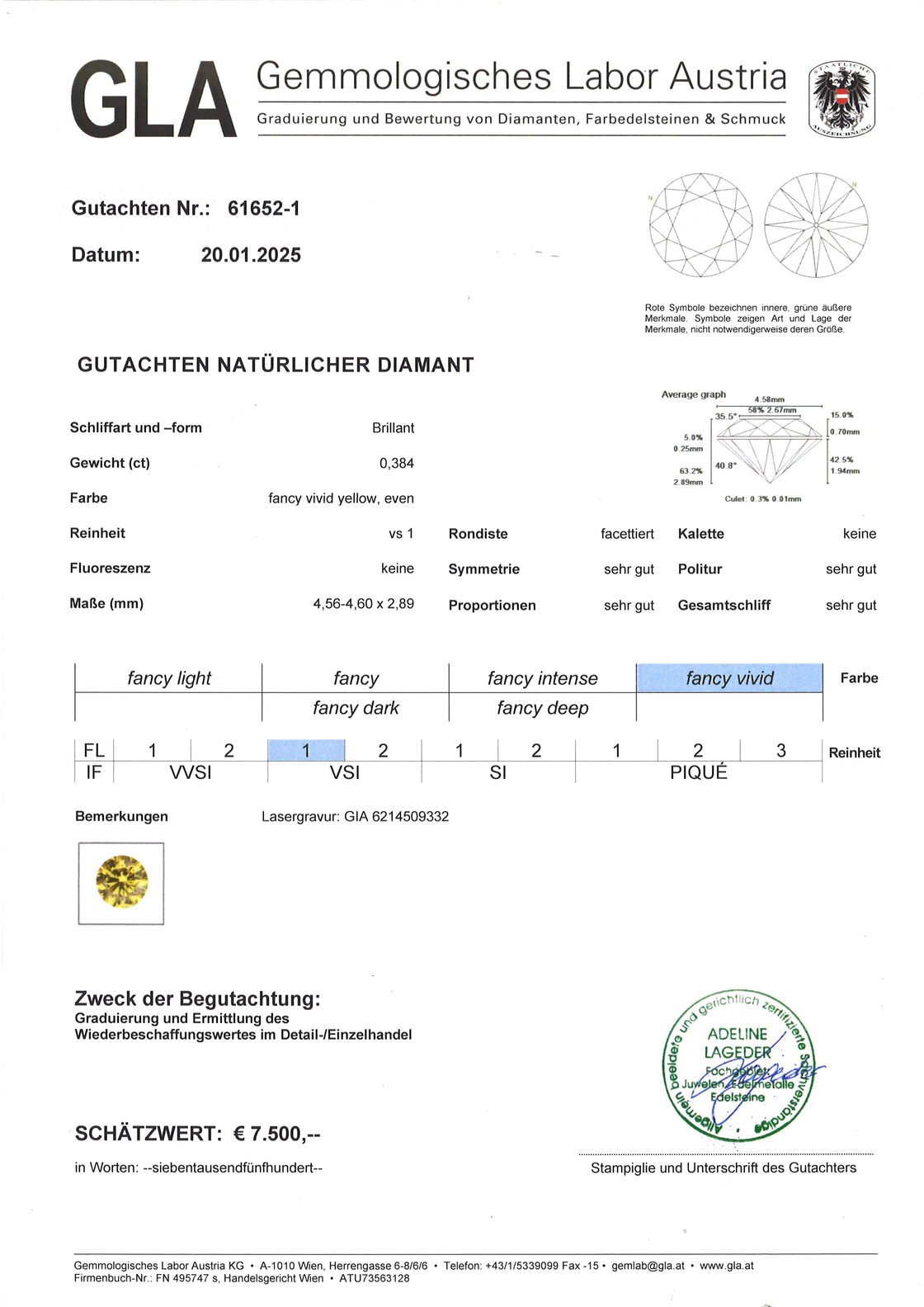 Gutachten zu Farbdiamant Brillant sehr intensives Gelb vs1 0,38 ct.